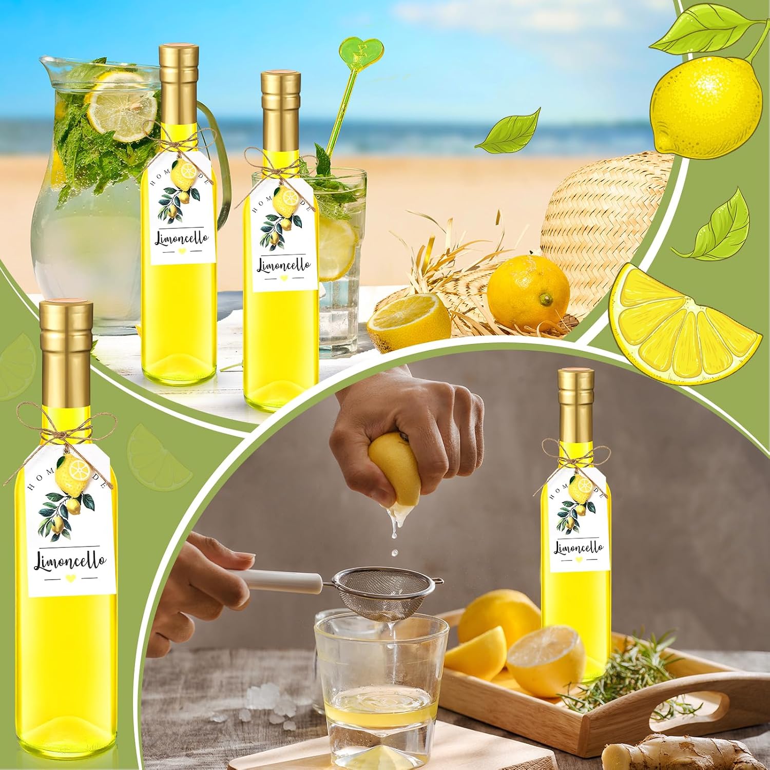 Teenyyou 6 Set 12oz Limoncello Glass Bottles for Homemade with Cork Lids and PVC Shrink Capsules, Mini Resin Lemon and Label for Home Limoncello Brewing Beverages Wedding Bridal Shower Gifts (Gold) image 3