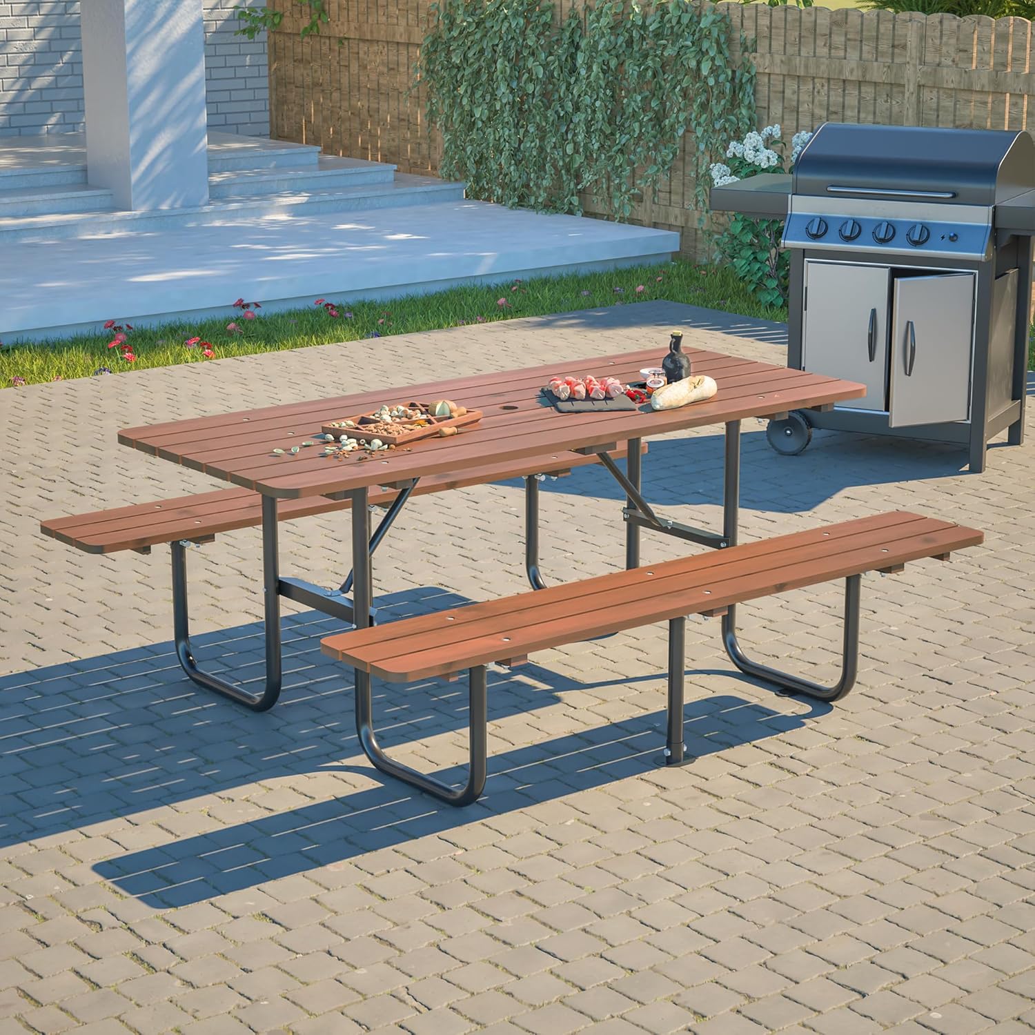 72" Rectangular Commercial Picnic Table with Wooden Top, Metal Legs, Durable Outdoor Dining Table Camping Table with 1.97" Umbrella Hole for School, Warehouse, Brown