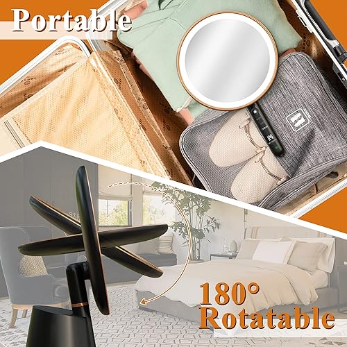 Miniatura 4 de NeuType Espejo redondo con luces, espejo de maquillaje iluminado con aumento de 10X, espejo de tocador LED de mano con botón inteligente, rotación
