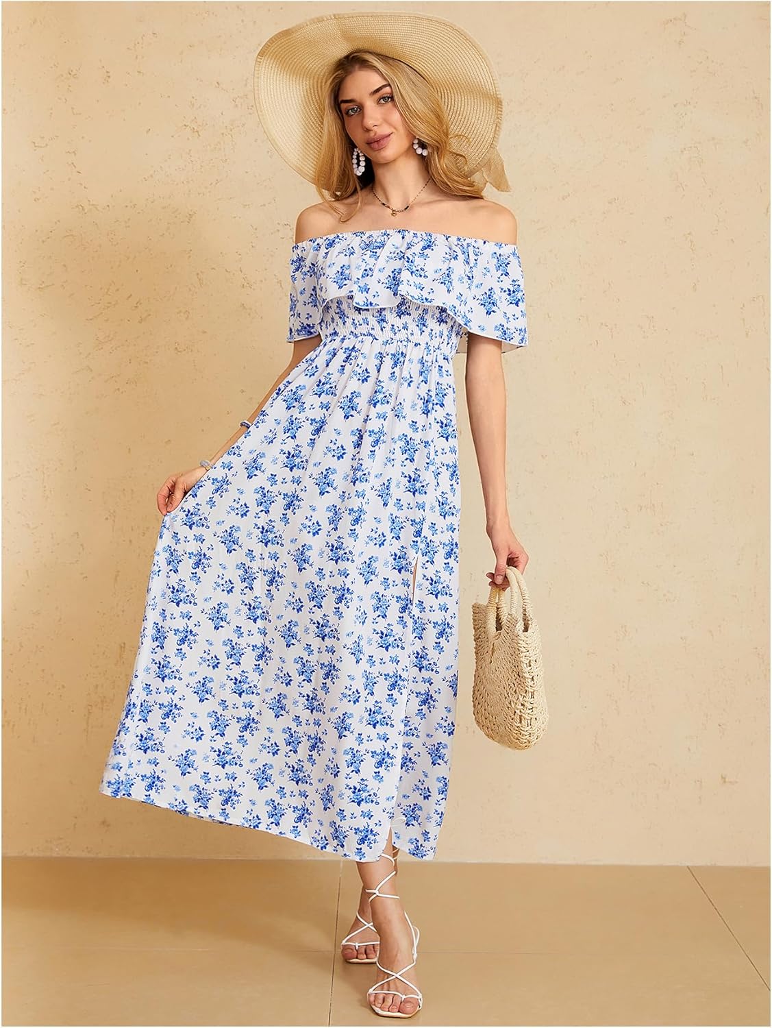 MakeMeChic Women's Floral Print Boho Summer Dress Off Shoulder Shirred Split Thigh Midi Long Dresses - Image 3