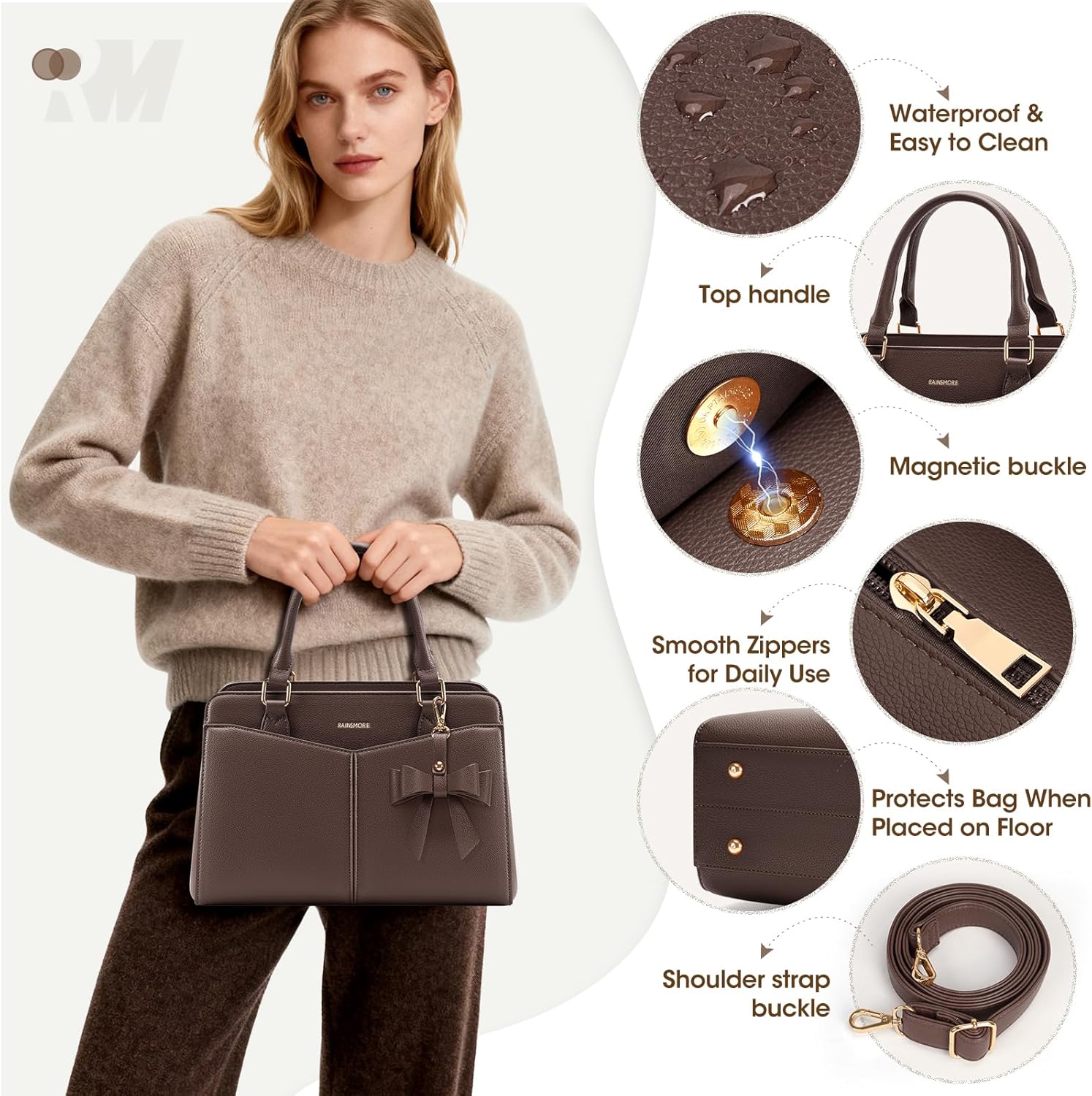 RAINSMORE Purses for Women Satchel Purse, PU Leather Structured Work Handbag with Bowknot and Shoulder Strap, Fits 11'' iPad