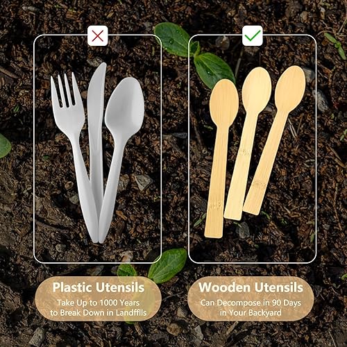 Miniatura 7 de Utensilios desechables de bambú, utensilios de bambú natural, 100 cucharas, cubiertos compostables biodegradables, cubiertos de bambú reutilizables