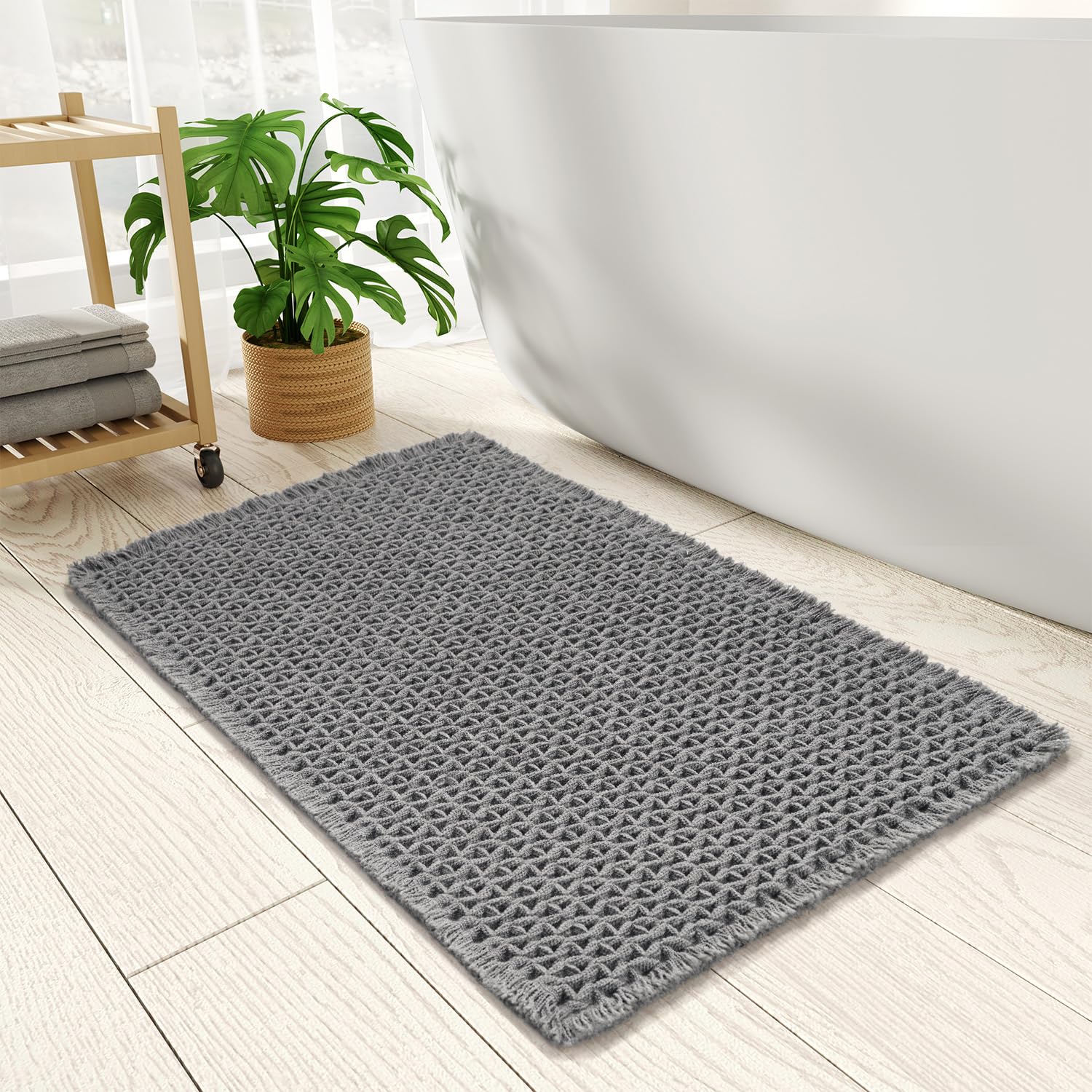 PADOOR Checkered Bath Mat, Super Absorbent Non Slip Bath Mats for Bathroom Floor 3D Woven Bathroom Mat with Tassels Machine Washable Bathroom Rugs