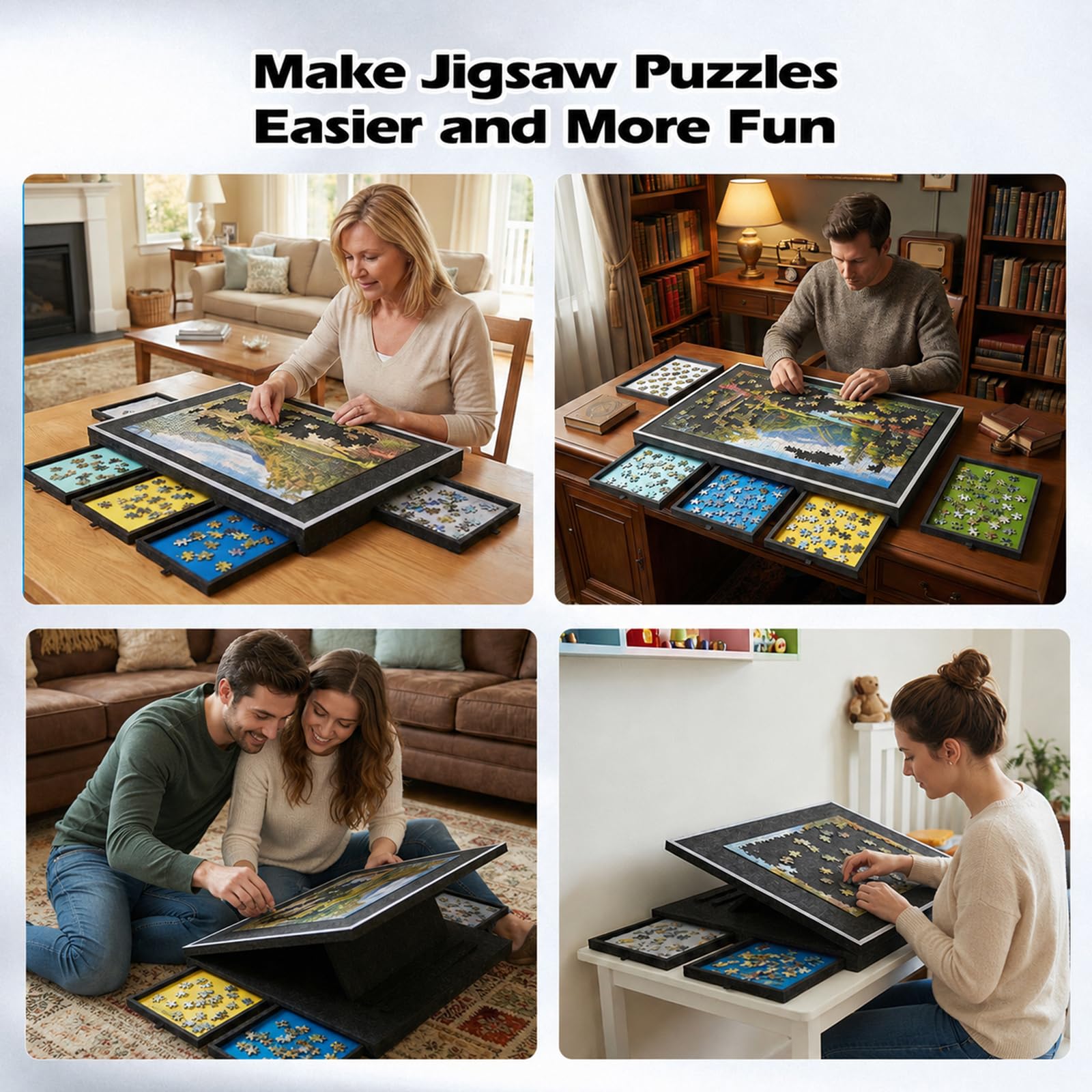 Plateau Puzzle 1000 pièces, Pliable, 5 tiroirs, 77x54 cm, Bords Hauts