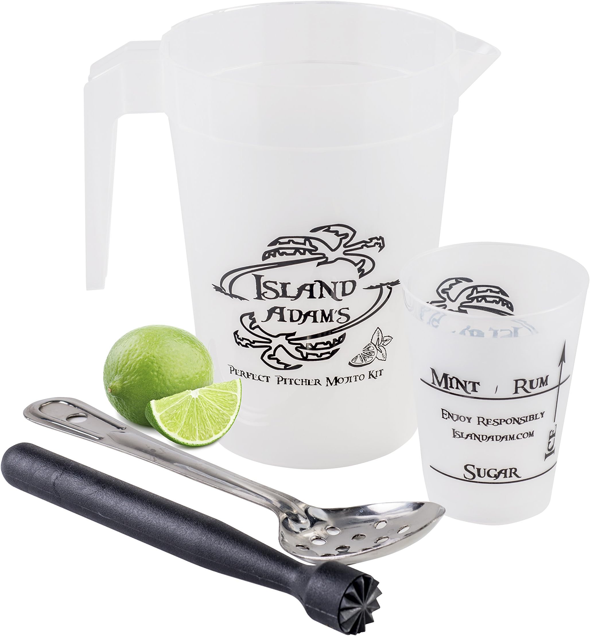Perfect Pitcher Mojito Kit - tools and recipe for a perfect pitcher of mojitos every time. Mojito pitcher, muddler, spoon, measuring cup, recipe, guide. This is the bar set for fresh homemade mojitos.