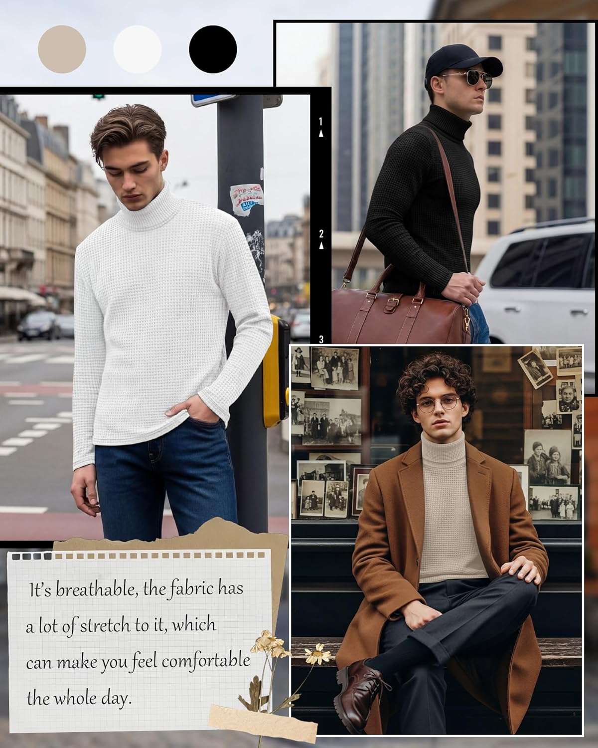 3 Pack Men's Waffle Turtleneck Long Sleeve Shirts Slim Fit Pullover Sweater Thermal Undershirt Soft Base Layer - Image 4