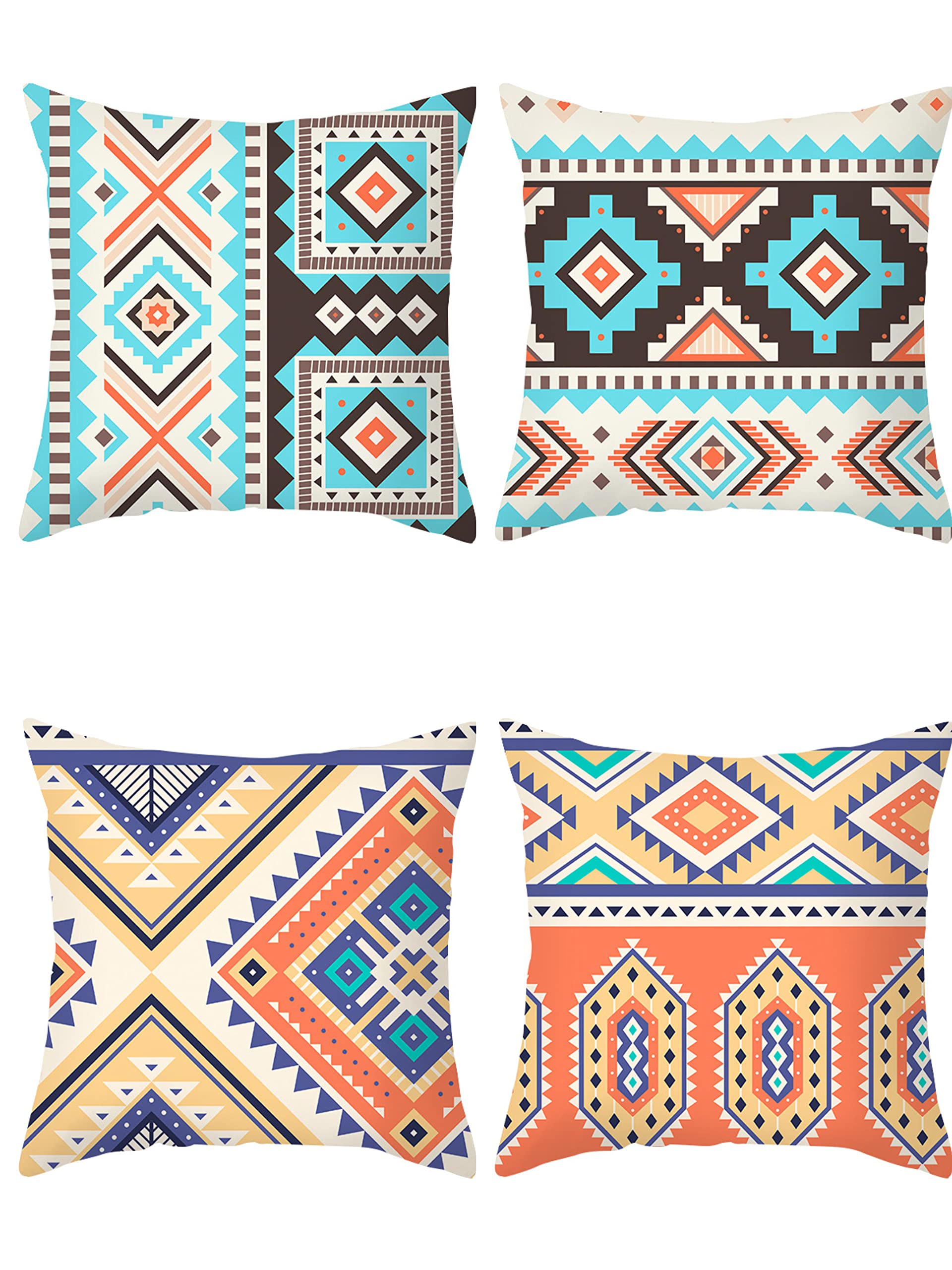Cushion Cover (Set of 4) Indian Ethnic Persian Pattern Decorative Vintage Pillow Case Turkish Middle Eastern Style Linen Sofa Bohemian Decor Throw Garden Chair Cushion Cover (SET 3)