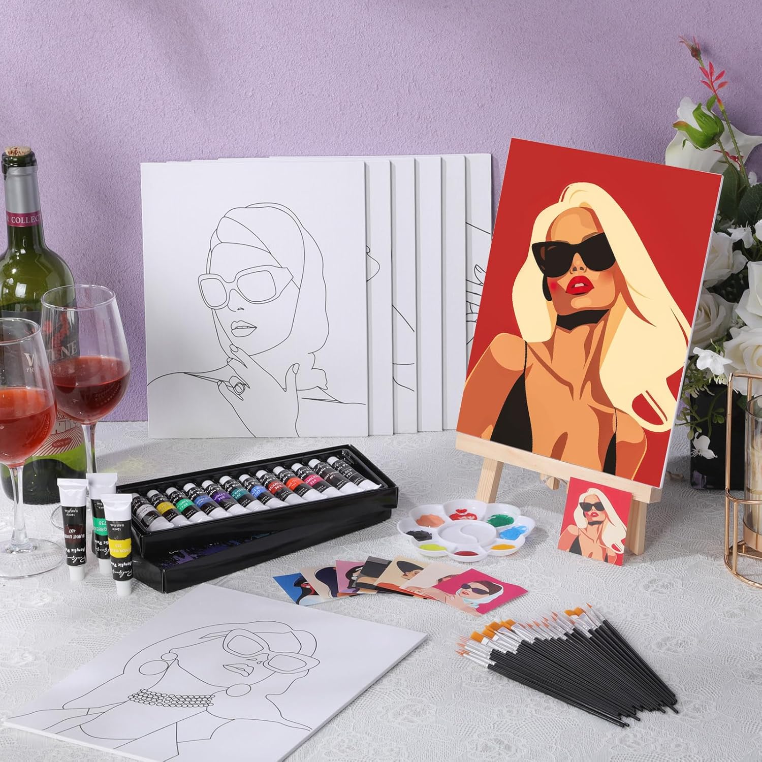 Cholemy 36 Pcs Paint and Sip Kit for Adults 8''x10'' Pre Drawn Canvas for Painting DIY Afro Acrylic Painting Kit Wood Easel Brushes Date Night Bulk for Mother's Day Party Gifts(Modern Woman)