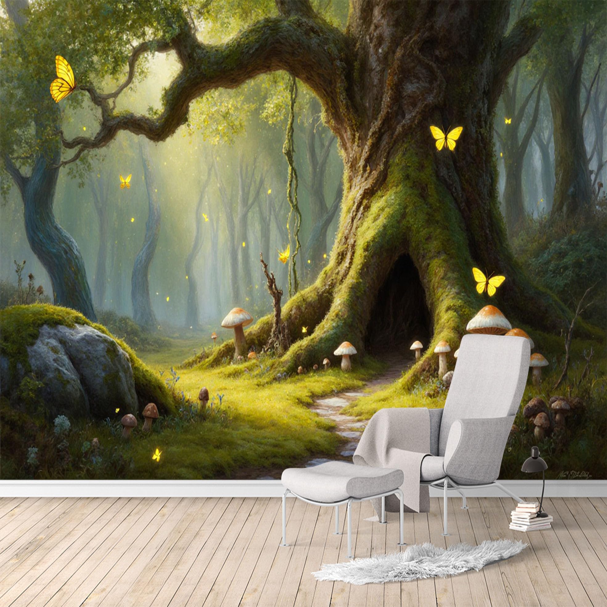 Custom Size Wall Murals, Enchanted Forest Mushrooms & Butterflies, SelfAdhesive Water Activated Removable Wall Covering, Large Photo Wallpaper for Living Room Bedroom Office