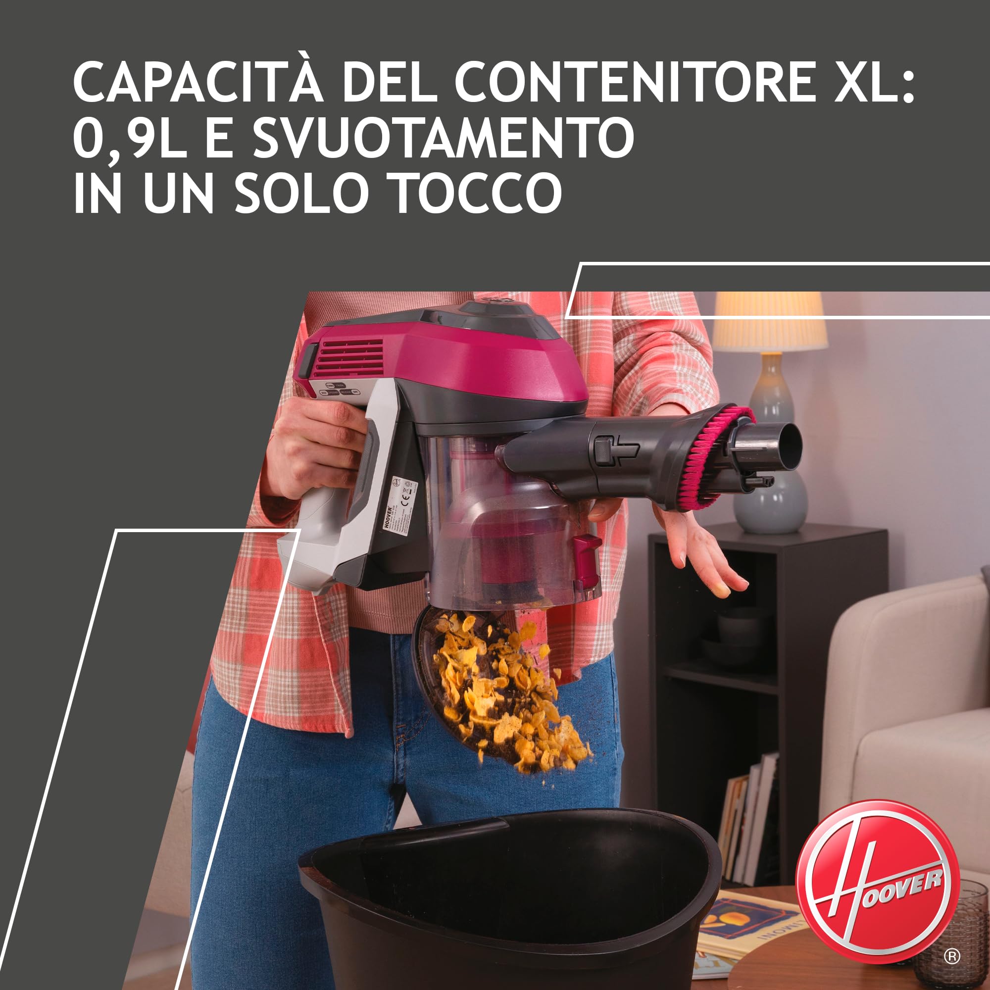 Hoover HF1 HF110P Aspirapolvere Senza Filo, Senza Sacco, 170 W, 0,9 Litri, Autonomia 30 Minuti, Spazzola Animali, Luce LED, 26x23,4x112 cm, Magenta