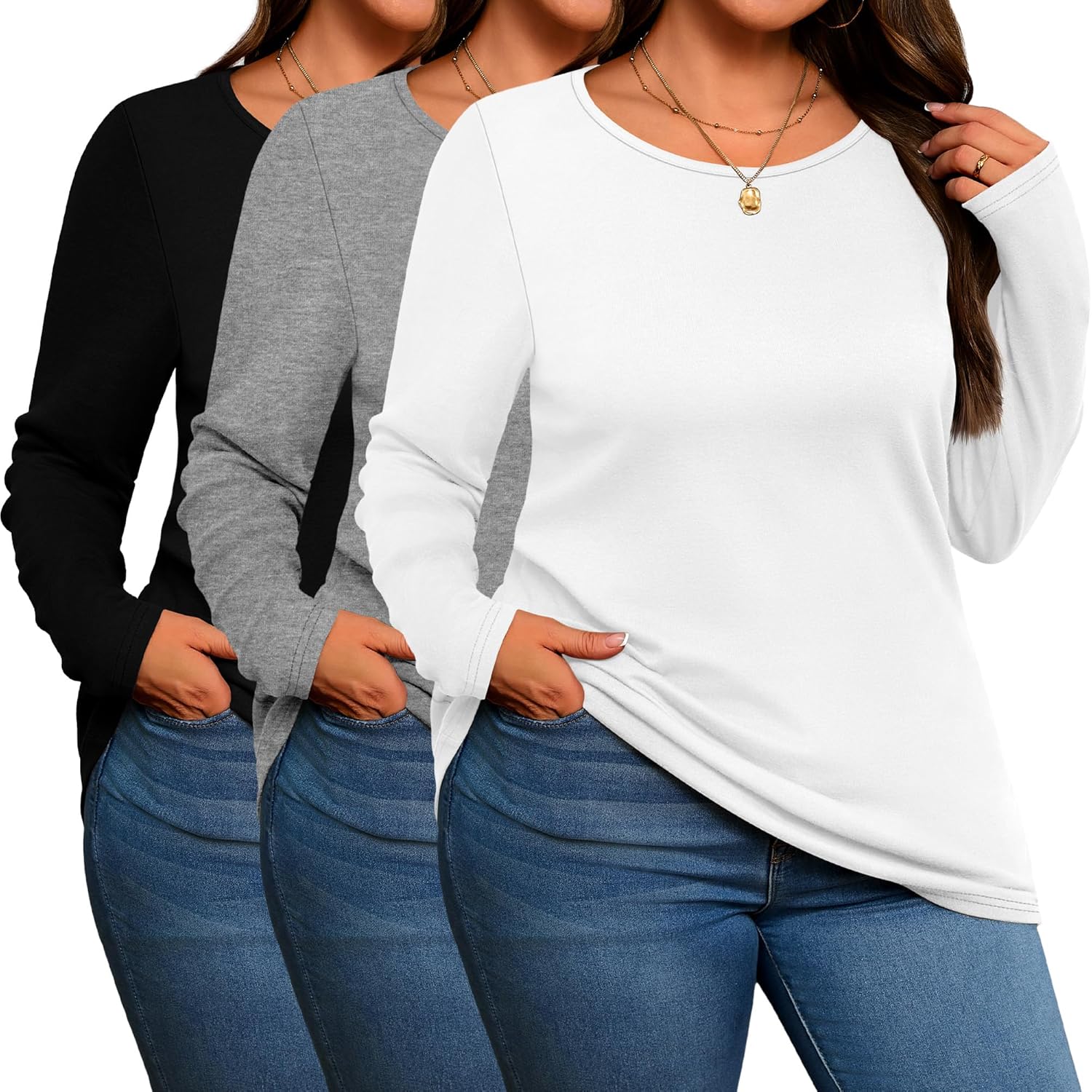 3 Pack Women’s Plus Size Cotton Shirts, Scoop Neck Long Sleeve Casual Tops Form Fitting Knitted T-Shirts Blouses