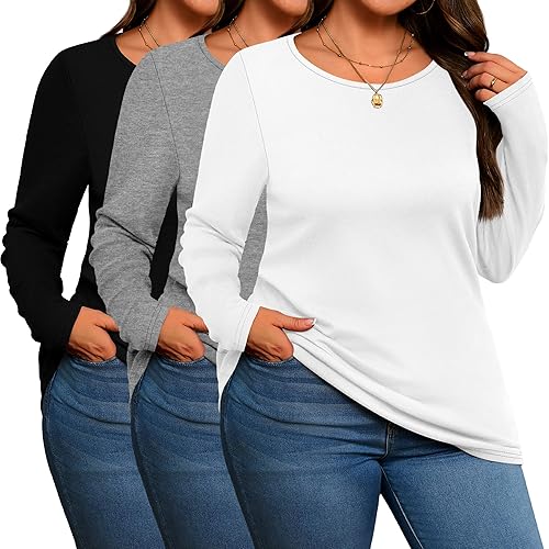 Miniatura 1 de Paquete de 3 camisas de algodón para mujer, talla grande, cuello redondo, manga larga, casual, ajustadas, camisetas de punto, blusas