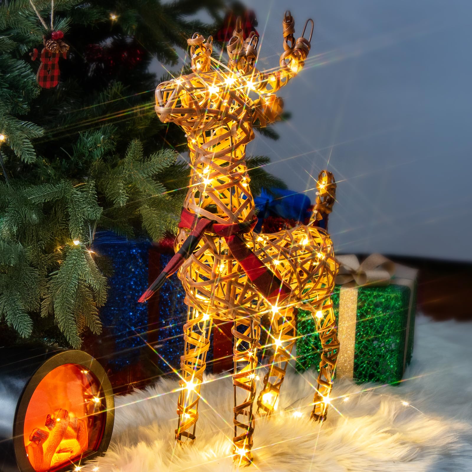 LED Weihnachtsfigur Rattan Rentier, REH Weihnachtsbeleuchtung mit Timer warmweiß, Hirsch Weihnachtsdeko für Außen und Innen Wohnzimmer Garten
