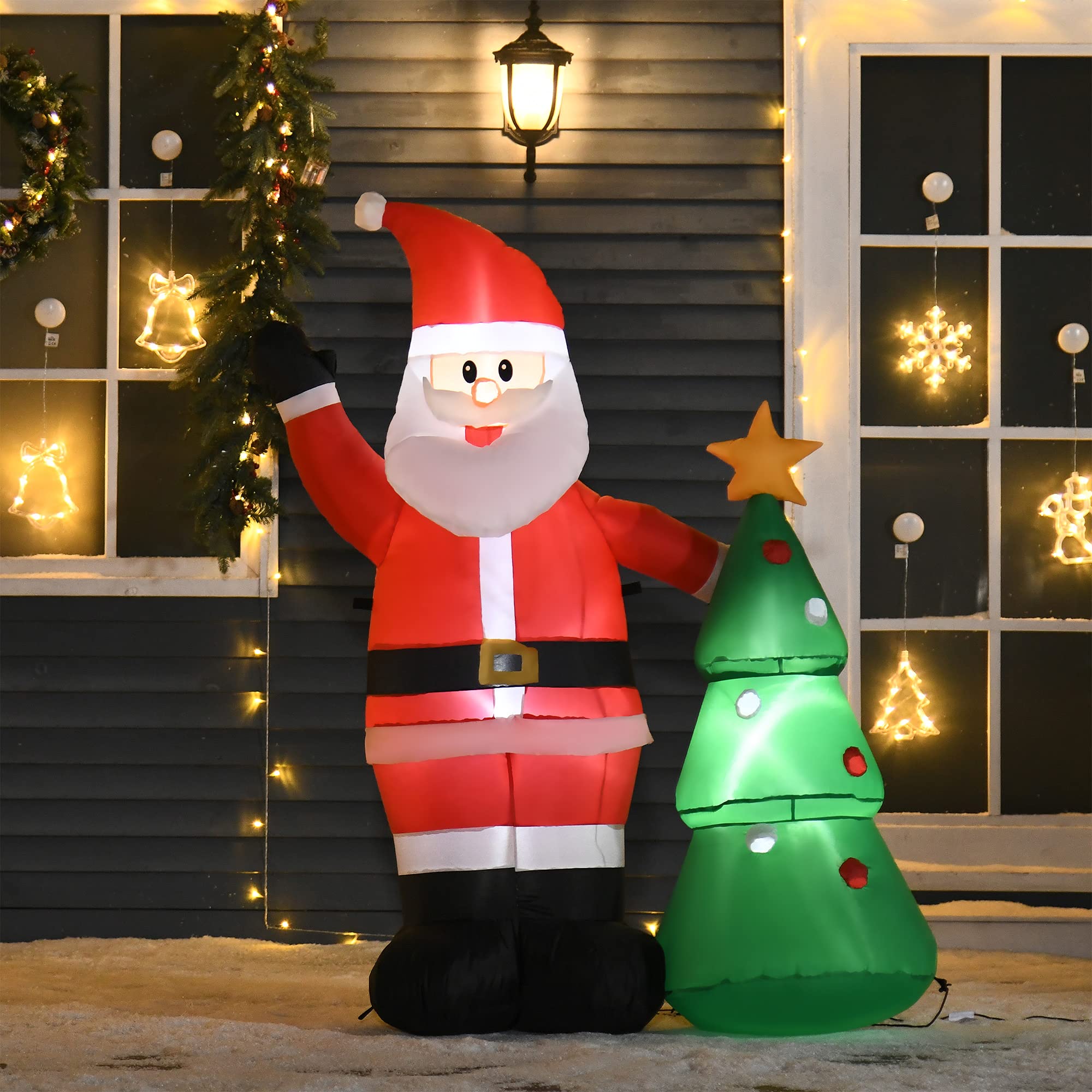 HOMCOM Babbo Natale Gonfiabile 150cm con Albero, Decorazione Natalizia per Esterno con Luci a LED, in Poliestere Impermeabile IP44