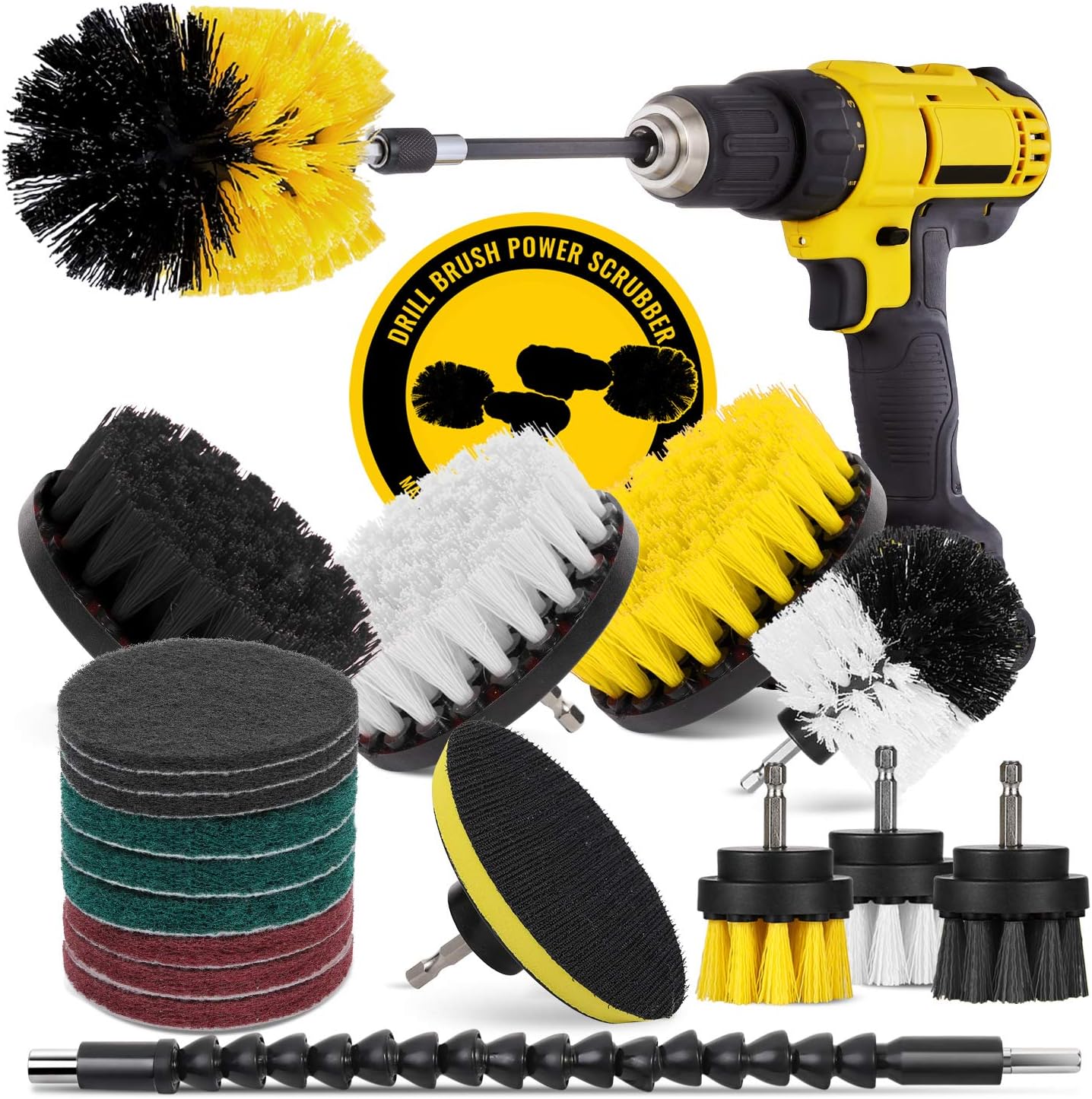 HIWARE 20-Piece Drill Brush Attachment Power Scrubber Set - Drill Scrub Cleaning Brush Kit with Extend Long Attachment for Bathroom, Kitchen, Home, Grout, Floor, Tile, Car and Sink