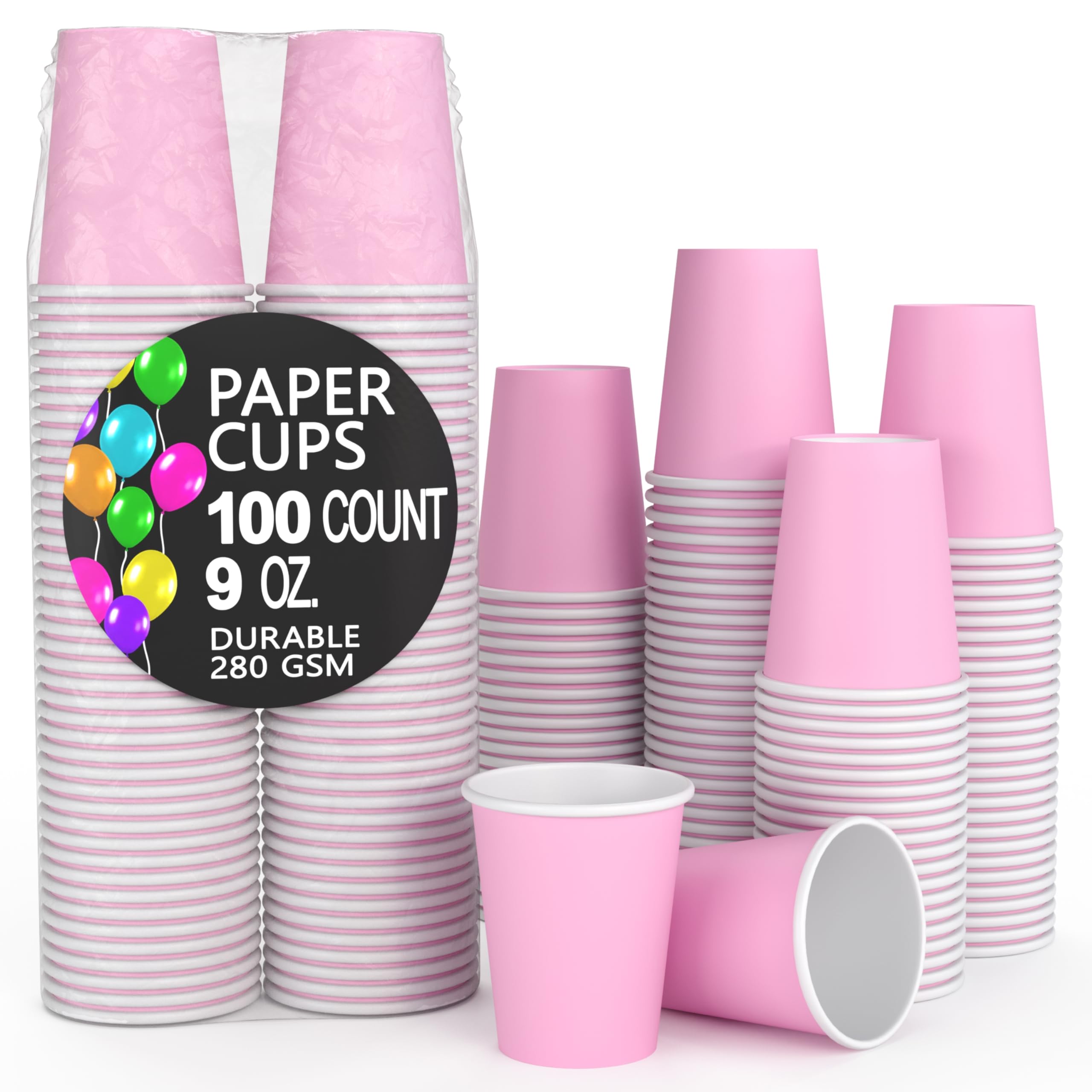 Party Solids Pink Paper Cups 9 oz Durable Disposable Cups 100 Paper Tumblers for Hot Drinks and Cold Drinks Thick 280 GSM Hot Cup for Tea & Coffee Cup To Go Fun Colors for Parties & Events