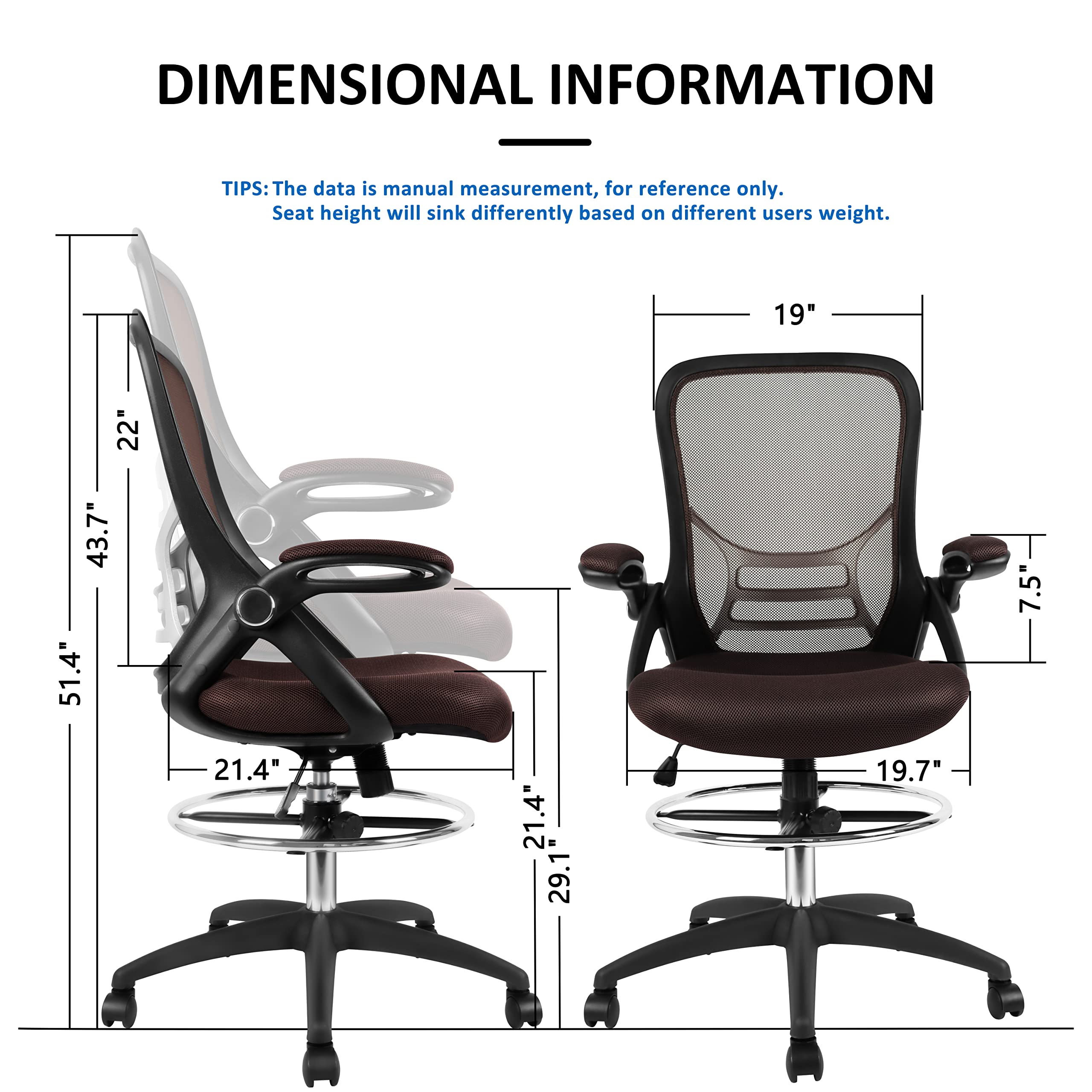 HYLONE Drafting Chair, Tall Office Chair Standing Desk Chair Brown Mesh