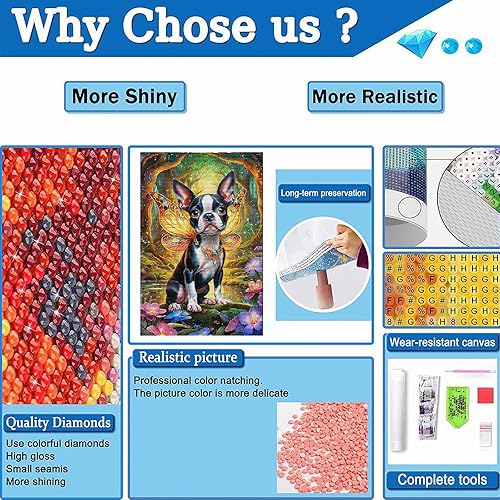 Miniatura 5 de Kits de pintura de diamantes para adultos, animales del bosque, bricolaje 5D, arte de diamantes de imitación Boston Terrier de cristal de taladro
