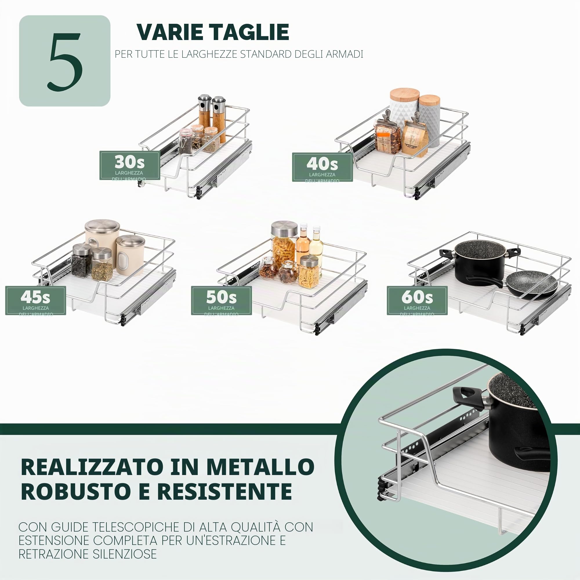 bremermann Cassetto telescopico Larghezza 60 cm con ripiano, con Guide telescopiche, cassetto Estraibile Ideale per Cucina e Bagno, in Metallo (Cromo)