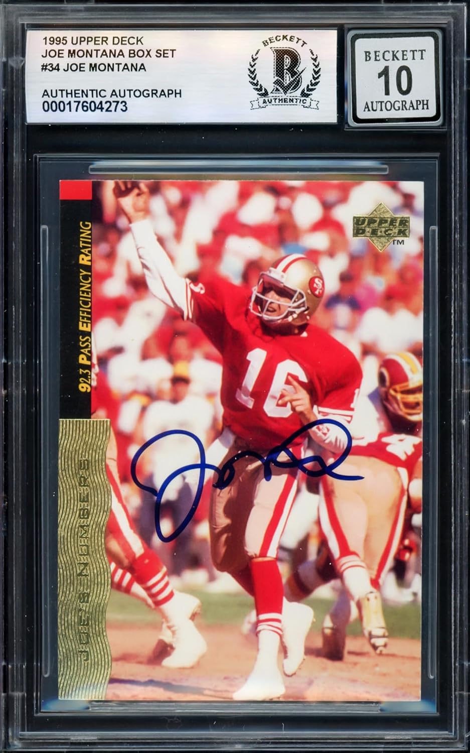 Joe Montana Autographed 1995 U.p.p.e.r D.e.c.k Football Card #34 Auto Grade Gem Mint 10 Beckett BAS #17604273