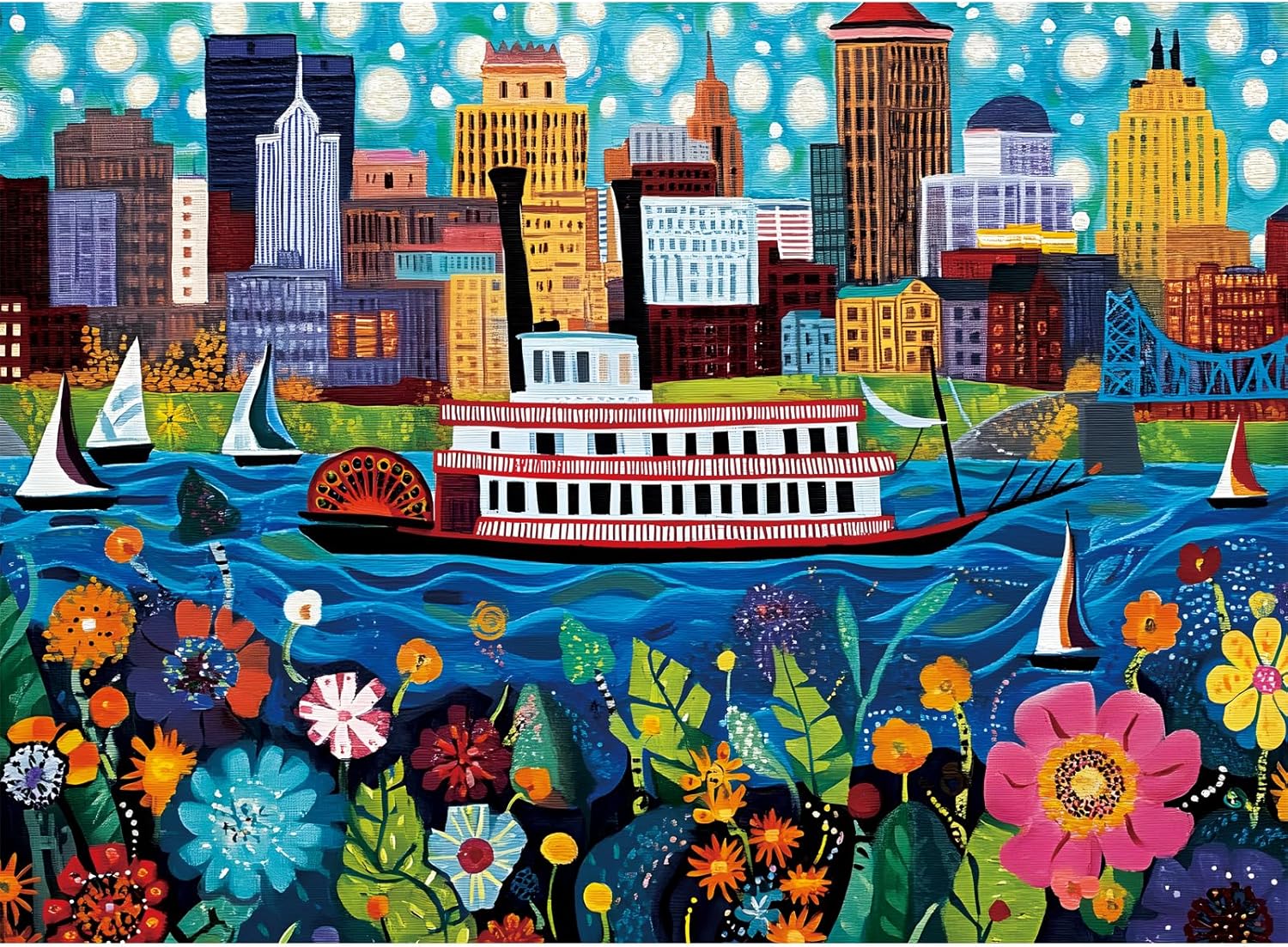 300 Pieces Puzzles for Adult,Riverboat Scene Puzzle for Kids Teen Adults,Interlock Perfectly Letter on Back,Folk Art Design Jigsaw Puzzle for Kids Ages 8-10,Puzzle for Family Game Nights,20.5 x 15 in
