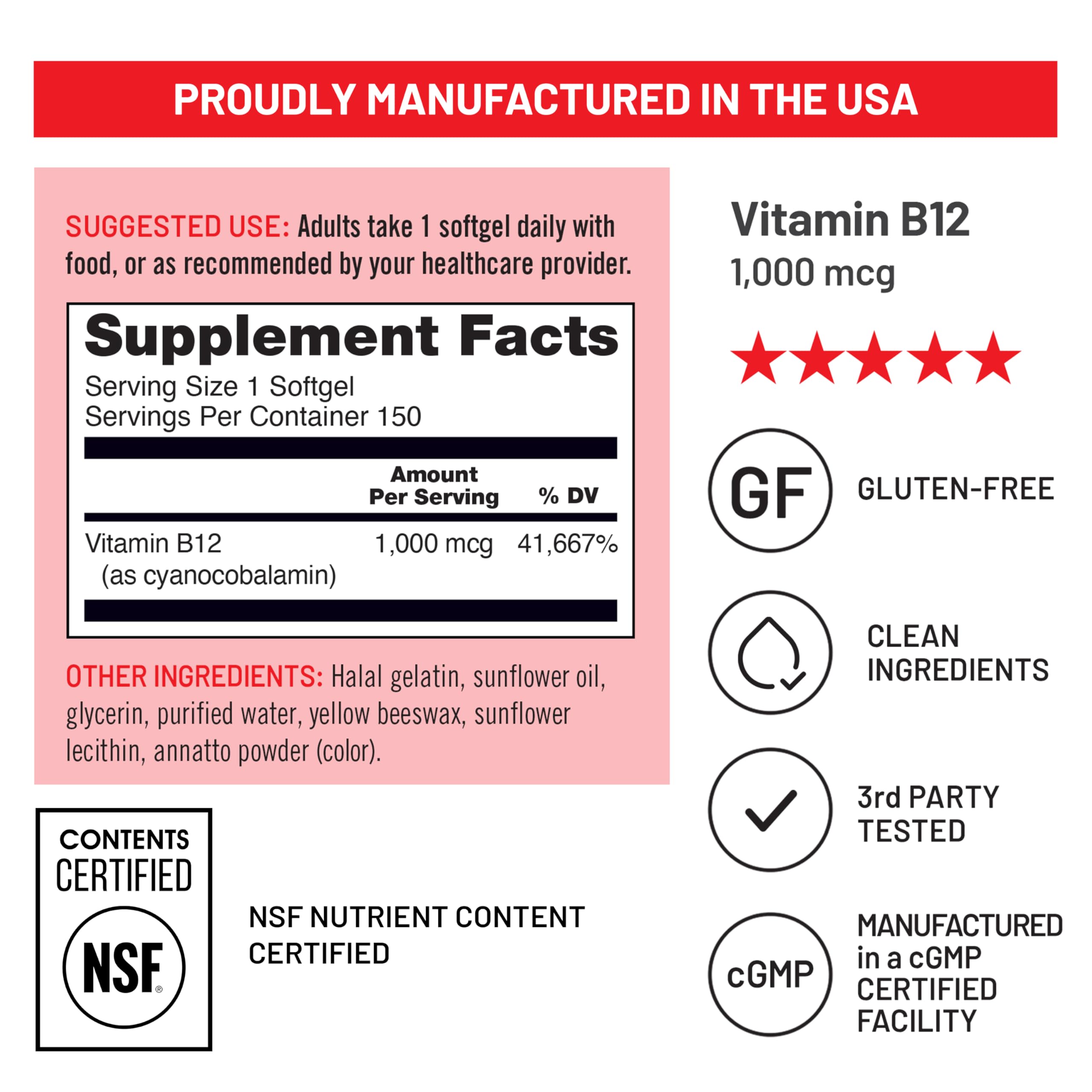 NatureWise Vitamin B12 1000 mcg - Dietary Supplement for Supporting Energy Metabolism, Mental Clarity, Nervous System Health - Easy-to-Swallow, Soy & Gluten-Free, Non-GMO - 150 Count[150-Day Supply] — Amazon image 4