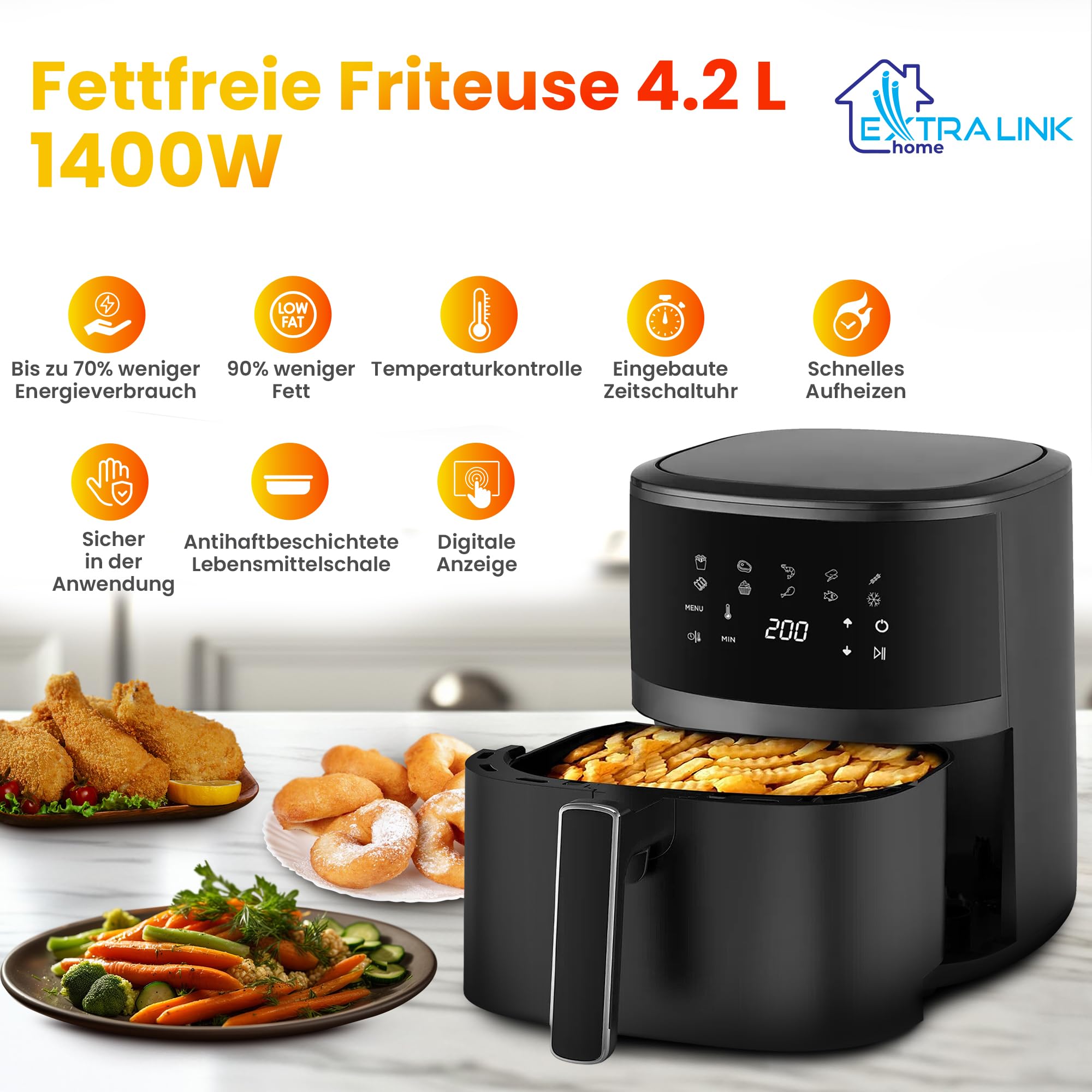 Extralink Heissluftfritteuse 4,2L 1400W Airfryer 10 Programme Touch LED