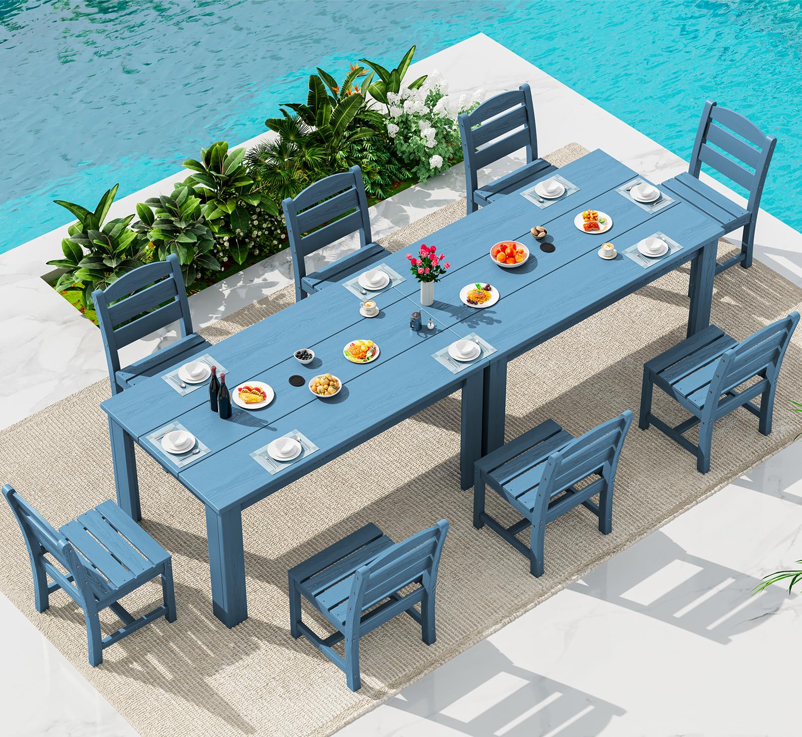 SERWALL 59" Outdoor Dining Set for 8, HDPE Dining Set, Blue