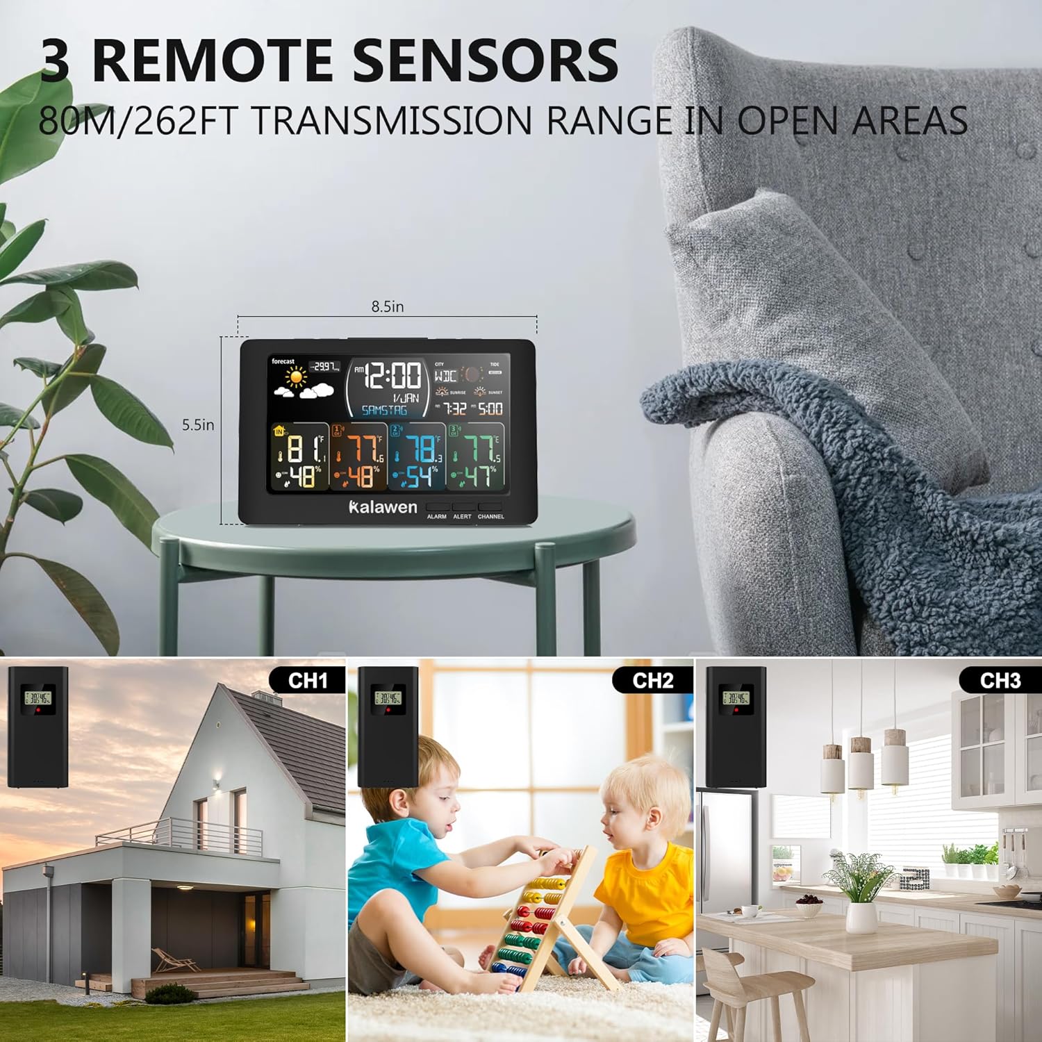 Weather Station Wireless Indoor Outdoor Thermometer, Multiple Sensors Auto-Adjustment Brightness Digital Thermometer with Large Color Display, Weather Forecast