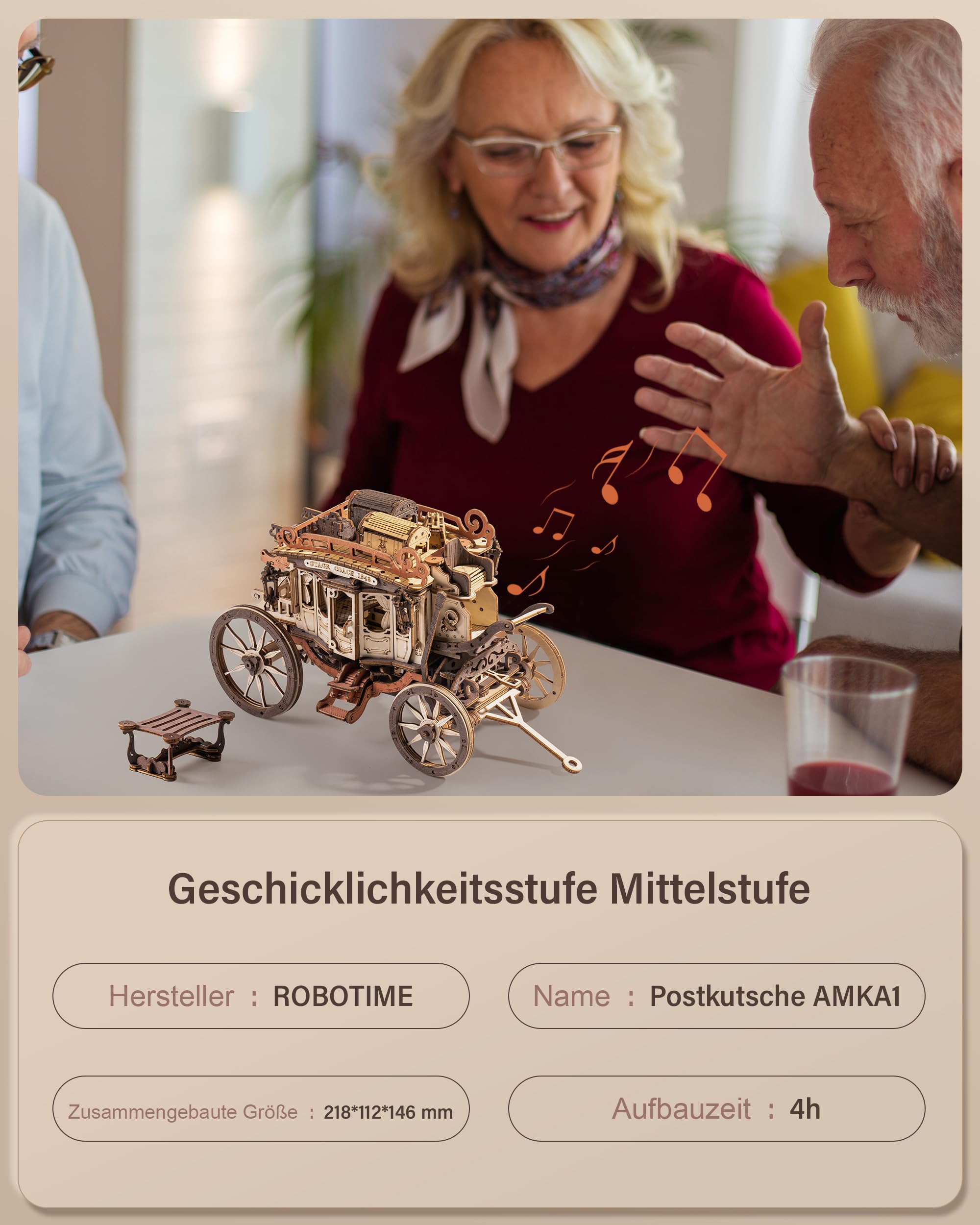 ROBOTIME 3D Holzpuzzle Spieldose, Holz Puzzle Modellbausatz Erwachsene, Modellbau Dekor, Geschenke für Teenager, Lasergeschnittene Stichsäge, Mechanisch - Postkutsche