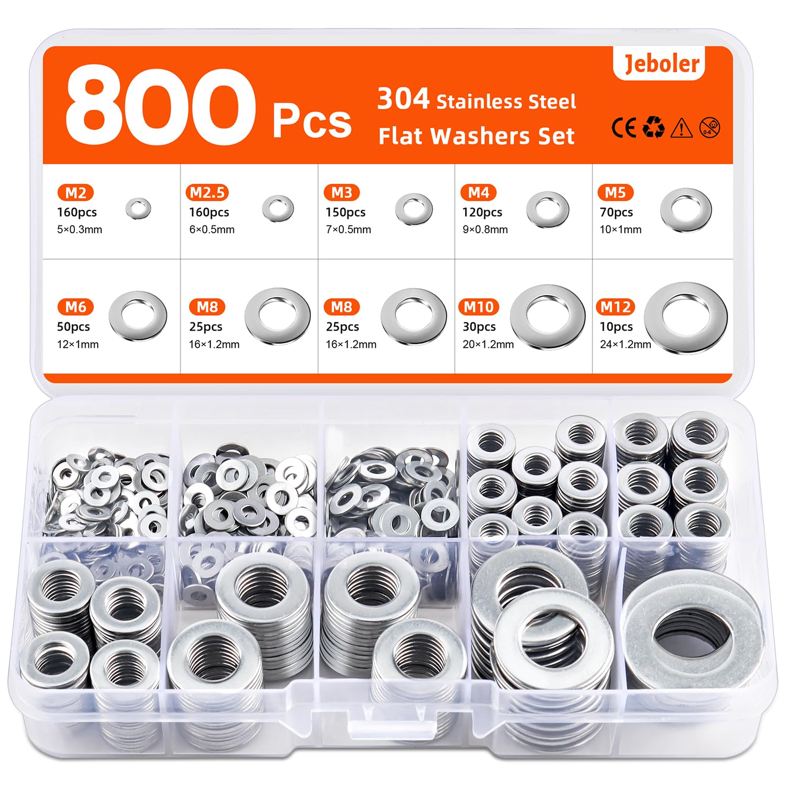 Jeboler Unterlegscheiben Set, 800 Stück Kleine Flach Unterlegscheiben Edelstahl A2 V2A Beilagscheiben Sortiment für Schrauben, Bolzen M2 M2,5 M3 M4 M5 M6 M8 M10 M12-9 Größen