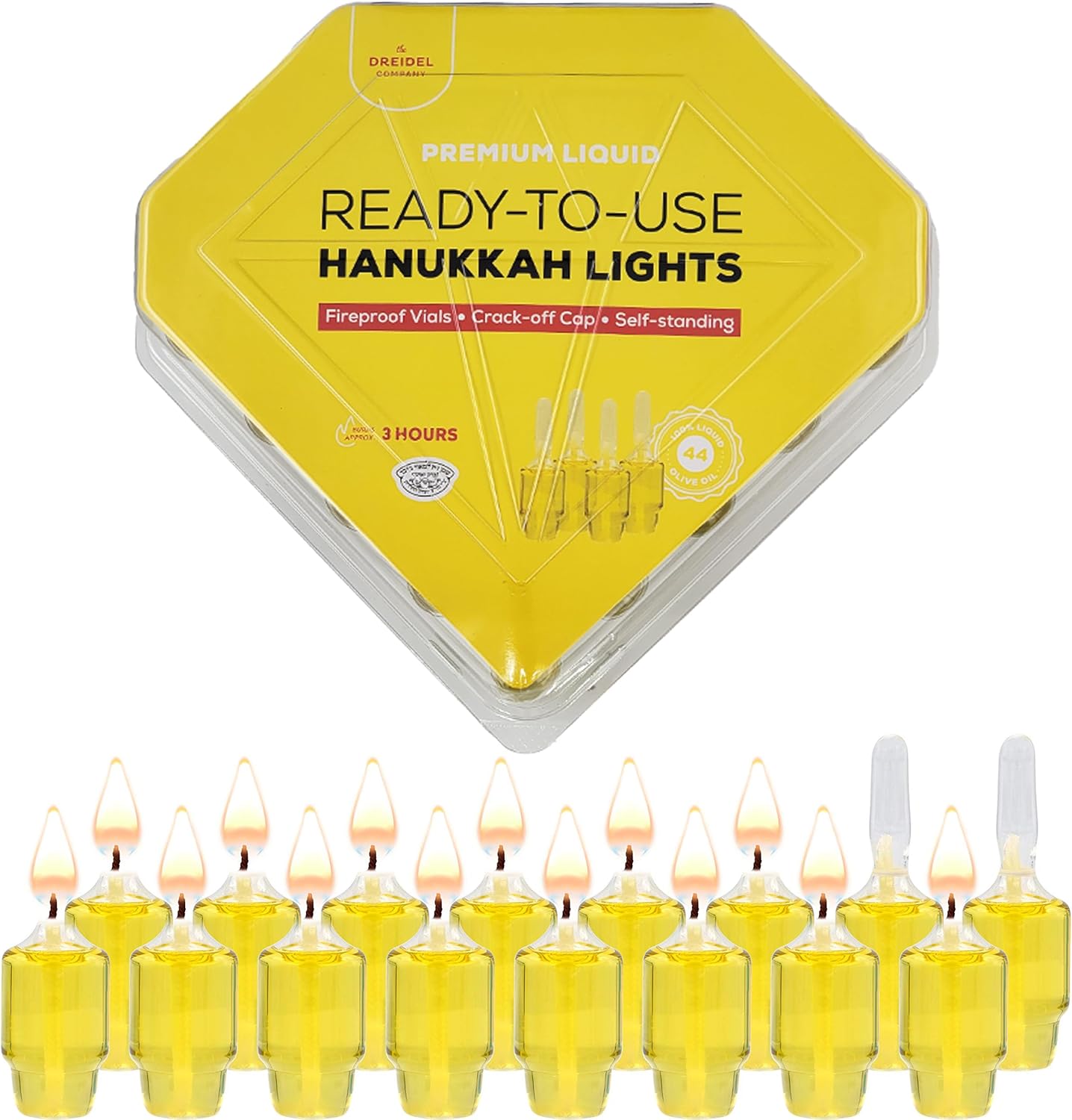 Hanukkah Pre-Filled Olive Oil Glass Cup Candles, 3 Hours, Ready to Use, 44 Cups for All 8 Nights of Hanukkah (Original Olive Oil, Single)