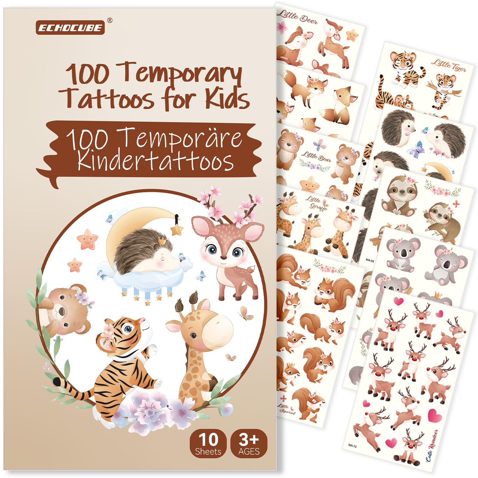 ECHOCUBE Temporary Tattoos for Kids,10 Sheets (100 Patterns) Lovely Animal Patterns Cartoon Waterproof Fake Tattoo Sticker Set,Birthday Party Bag Fillers for Boys Girls Gifts