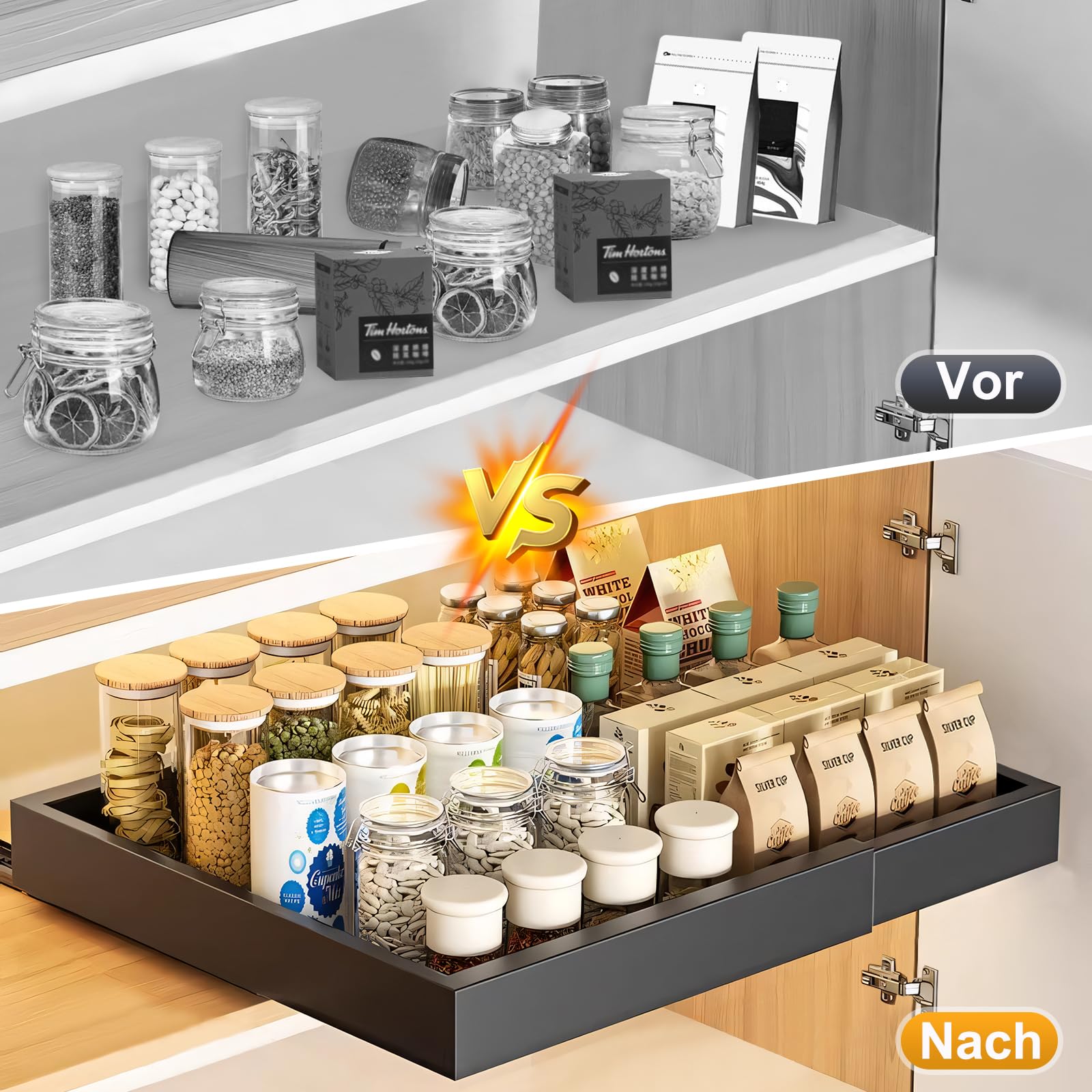 2 Stück Teleskopschublade, Ausziehbare Schublade, Küchenschrank Organizer | für Küchenschränke, Schubladen Aufbewahrungsregale (32–48 cm B x 42 cm T x 6 cm H), Kein Bohren und Nageln Erforderlich