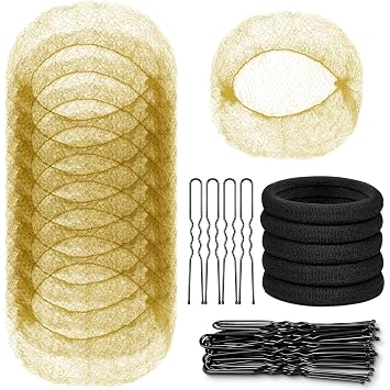 Womens Mesh Hair Nets Set - 30 Invisible U-Shaped 2.4" Pins, 30 Nets for Buns, 5 Light Linen Elastics