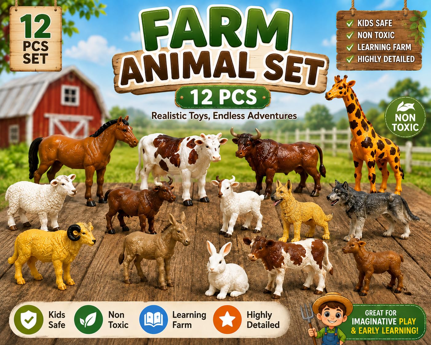 Brand Conquer Farm Animal Toys for Kids, 12 Pcs Realistic Farm Animal Figures Set, Non-Toxic Plastic Learning Toys for Boys & Girls, Educational Montessori Animal Playset, Birthday Gift for 3+ Years — Amazon image 2