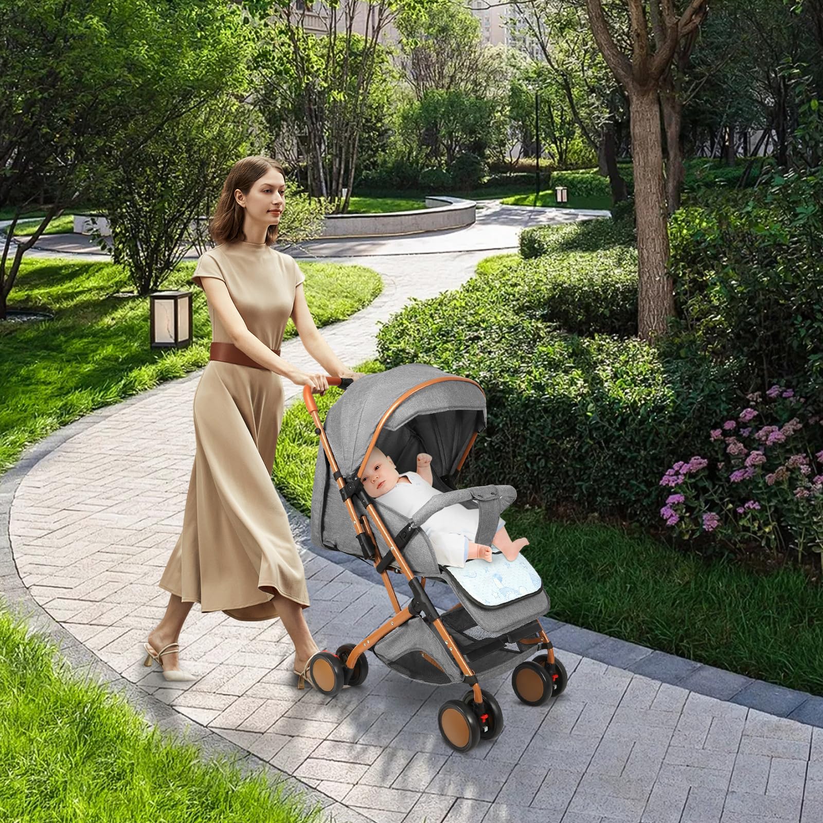 OHMG Poussette pour enfant avec nacelle, 2 en 1, ultra compacte, avec bandoulière, système de harnais à 5 points, 22 kg, utilisation à une main, dossier réglable, capot, panier, frein à pied