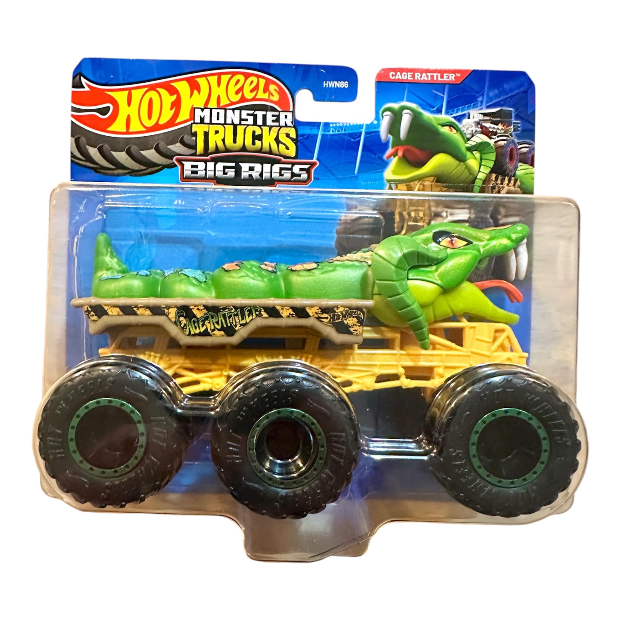 Hot Wheels Monster Trucks Big Rigs, 1:64 Scale Trailer Truck with 6 Wheels (Cage Rattler)