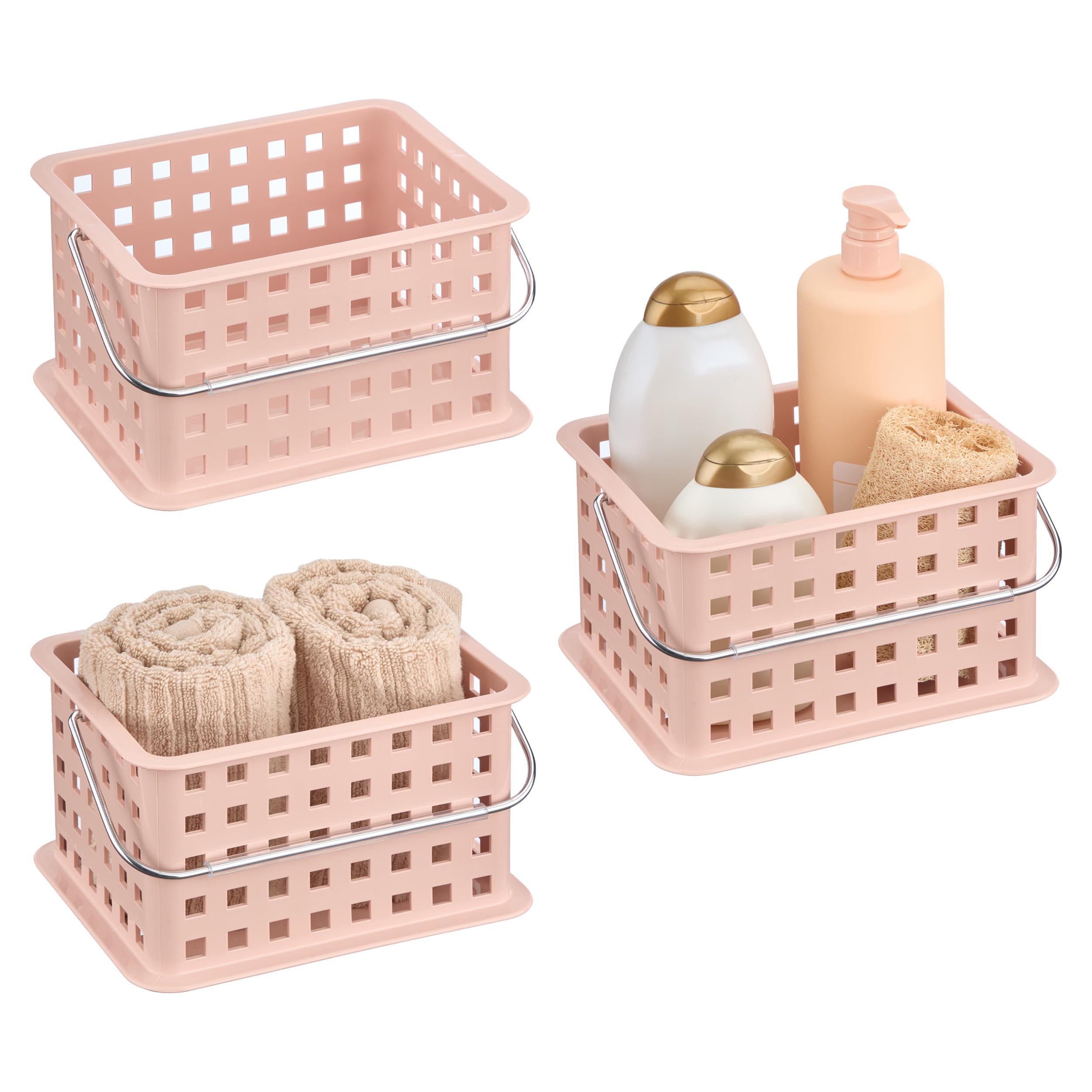 iDesign Small Shower Caddy with Handle, Portable Shower Organizer for Dorm or Bathroom, 3-Pack, Pink