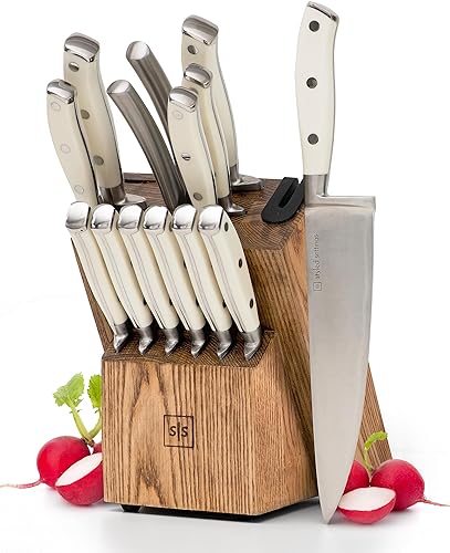 Juego de cuchillos blancos con bloque - Juego de cuchillos de cocina de acero inoxidable forjado triple remache blanco con tijeras de cocina