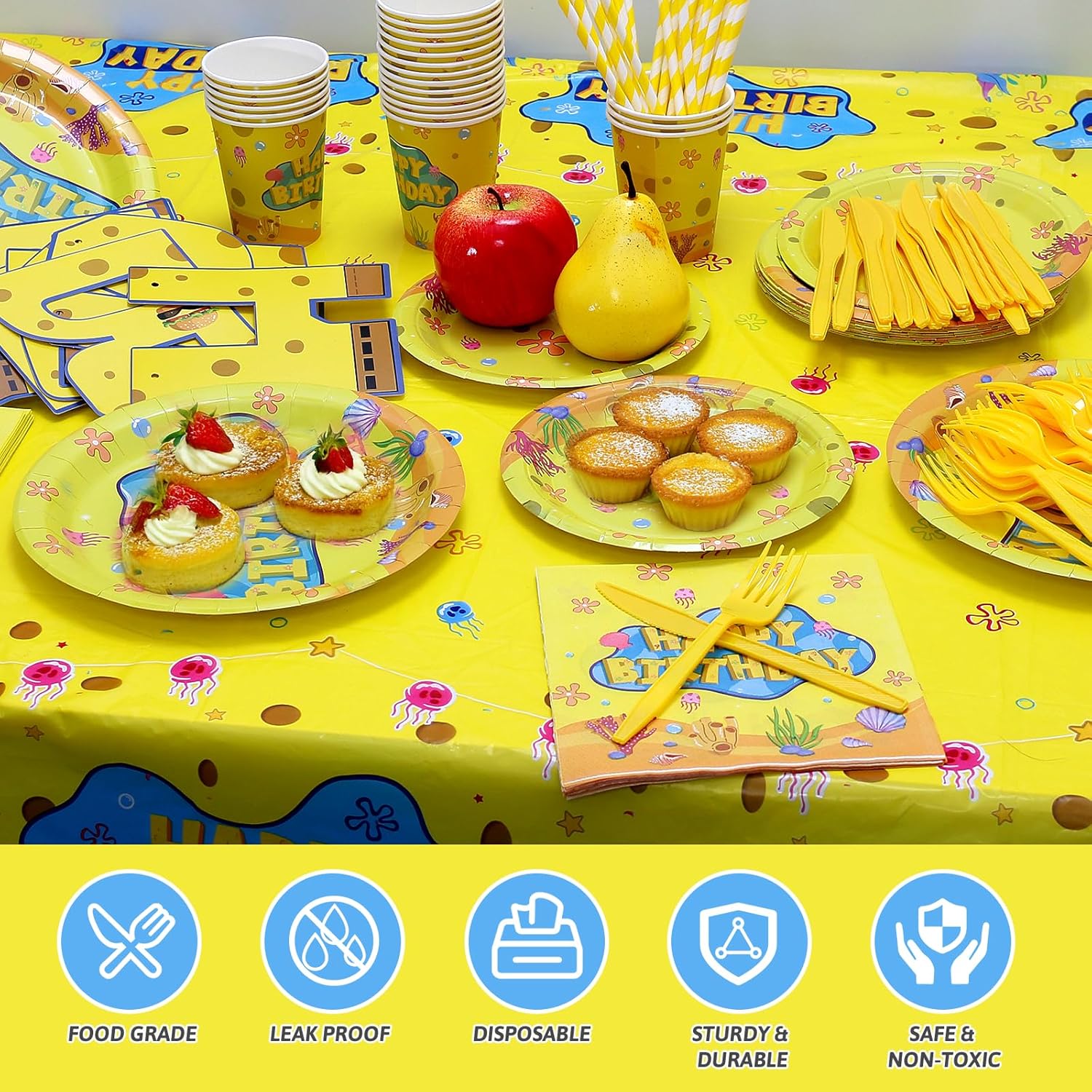 199Pcs Yellow Birthday Decorations Tableware Yellow Cartoon Under-the-Sea Party Supplies Include Banner Balloons Plates Napkins Cups tablecloth Cupcake Toppers and Cake Topper for Party Decor Sever 24