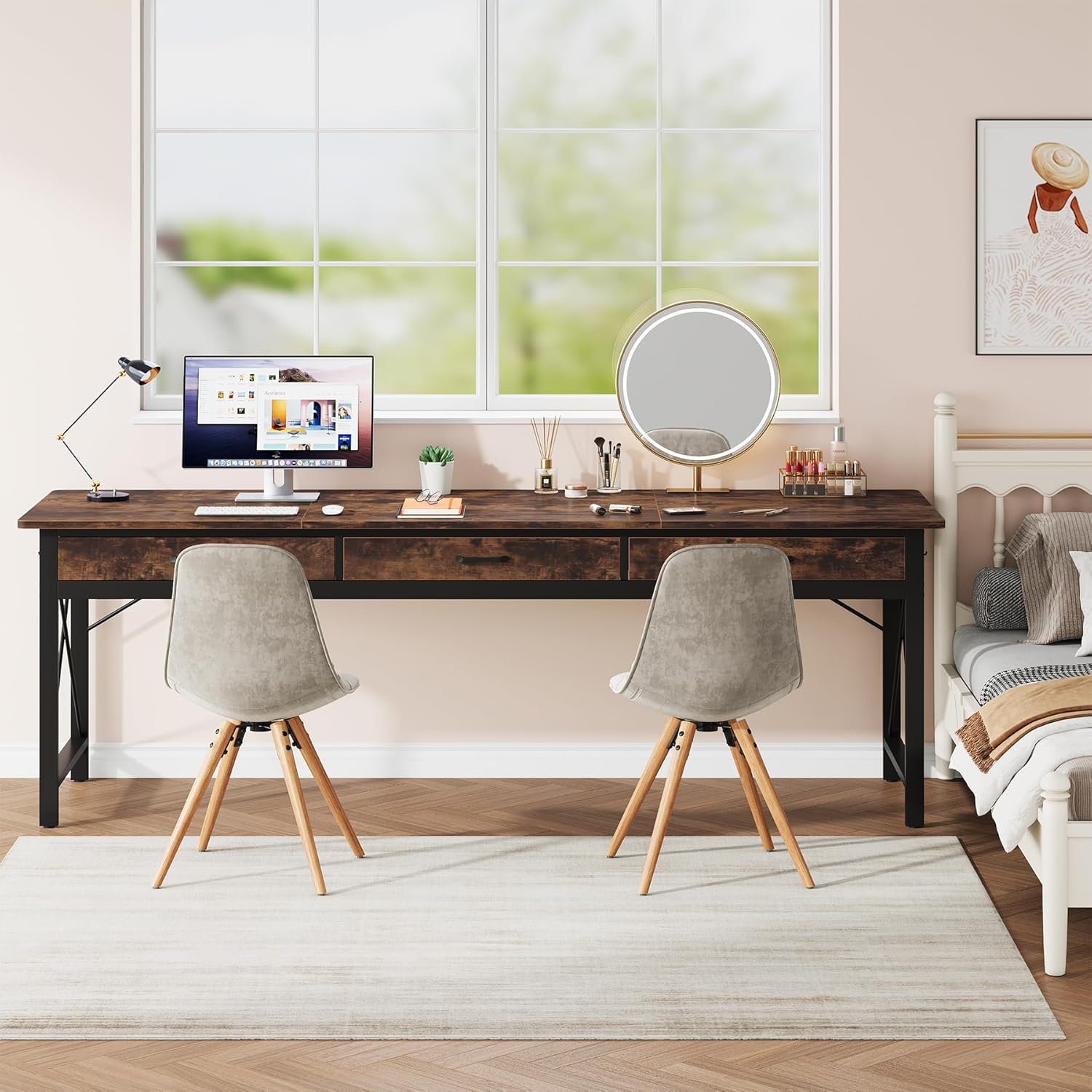 78.7 inch Extra Long Computer Desk with 3 Drawers, Two Person Office Desk, Double Desk with Hooks, Industrial Writing Study Table Workstation for Home Office, Rustic Brown and Black