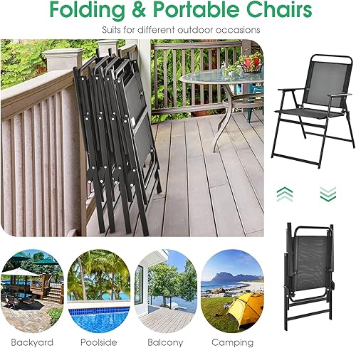 Miniatura 7 de Tangkula Juego de 4 sillas plegables para exteriores, sillas de comedor para patio con asiento transpirable y reposabrazos acogedores, marco de