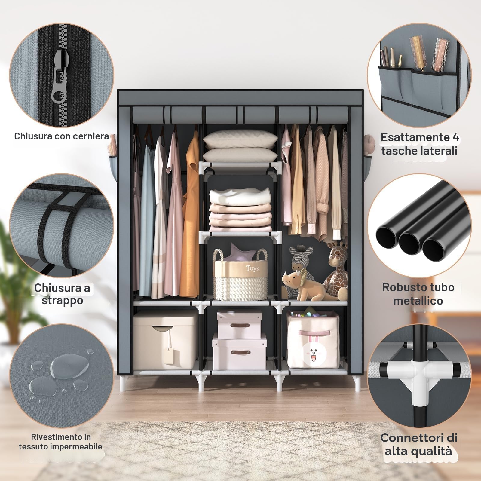 Vicye Armadio Guardaroba in Tessuto con 2 Barra Appendiabiti, 8 Ripiani e 4 Tasche Laterali, Armadio Portatile per Soggiorno, Camera da Letto, 124 x 42 x 162 cm, Grigio