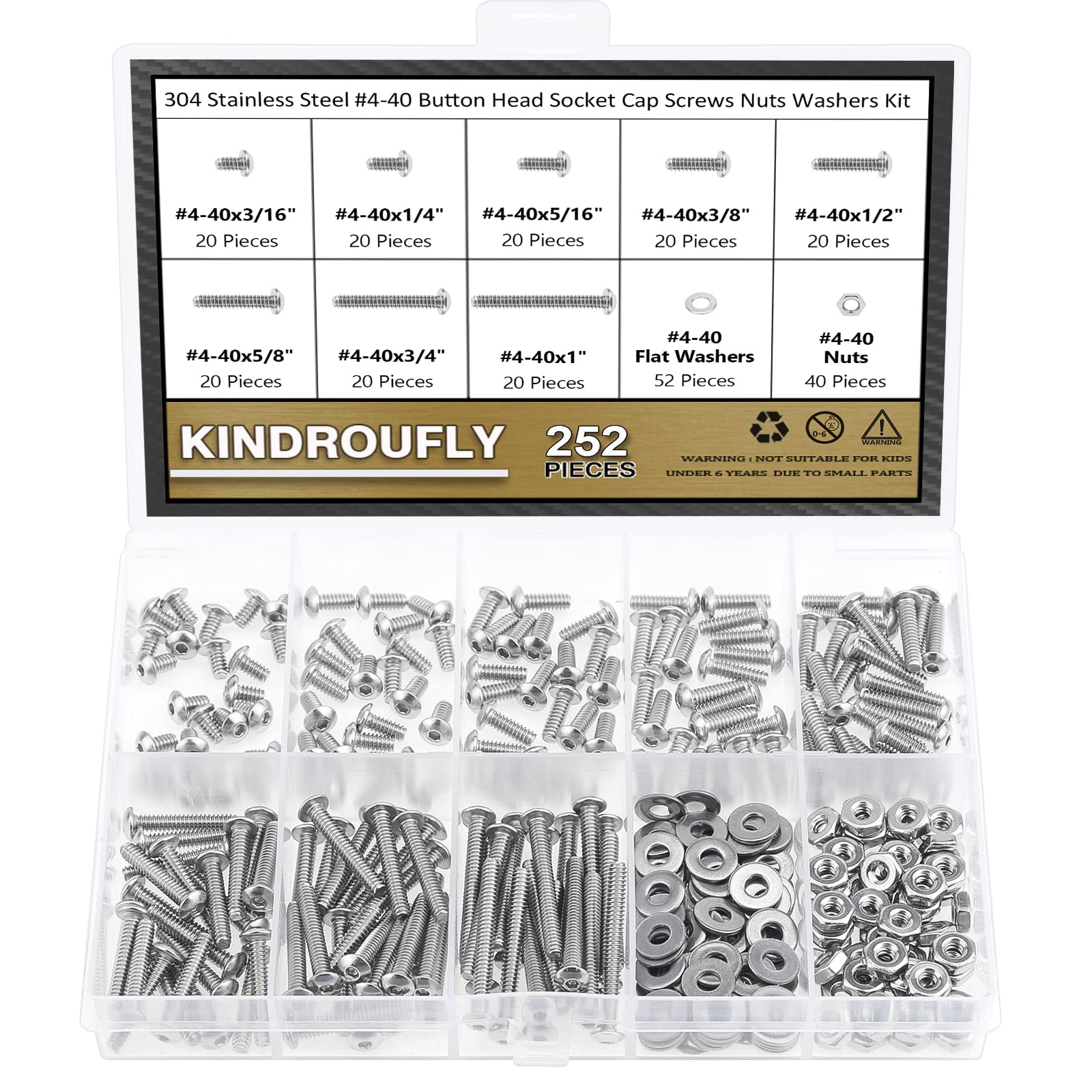 Kindroufly 252 Pieces #4-40 x 3/16", 1/4", 5/16", 3/8", 1/2", 5/8", 3/4", 1", Button Head Socket Cap Screws Nuts Washers Assortment Kit, 304 Stainless