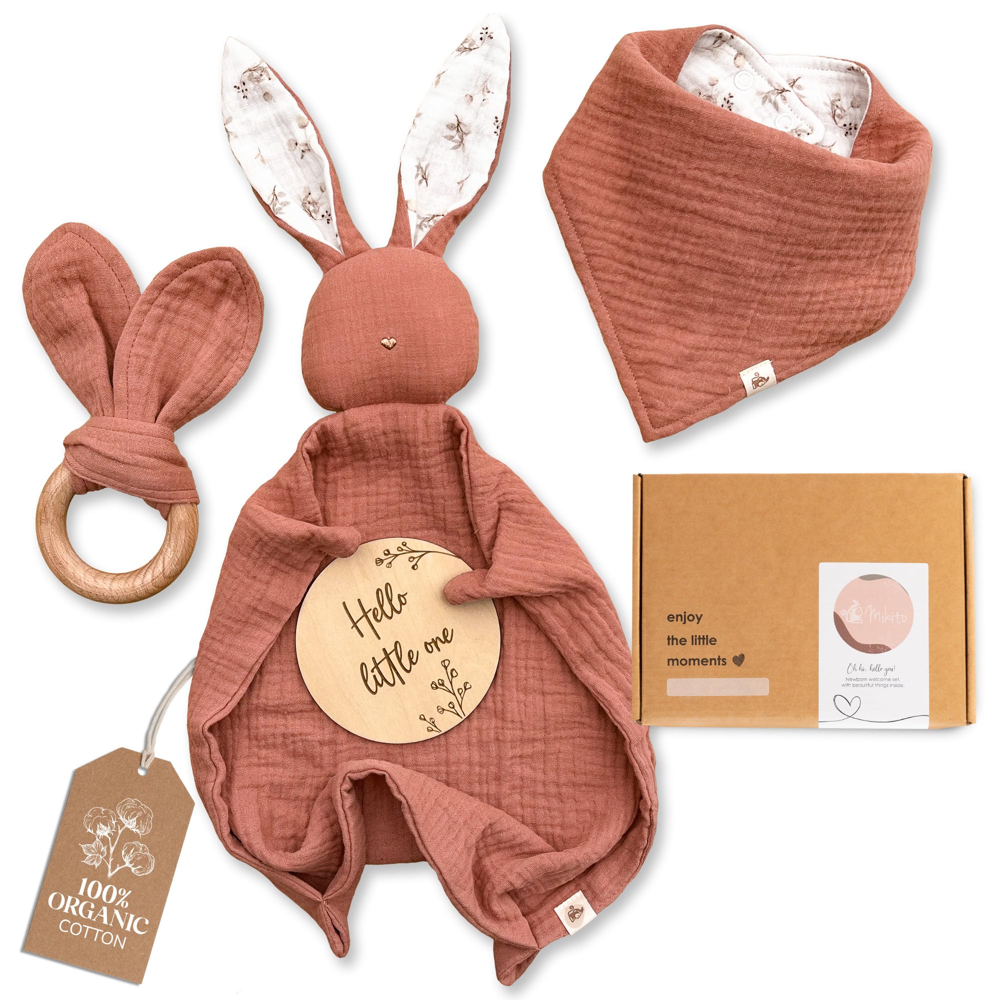 Mikito Organic Cotton Newborn Gifts Box, Unisex Loveys & Accessories incl. Muslin Baby Comforter + Baby Bandana Bib + Wooden Teether + Birth