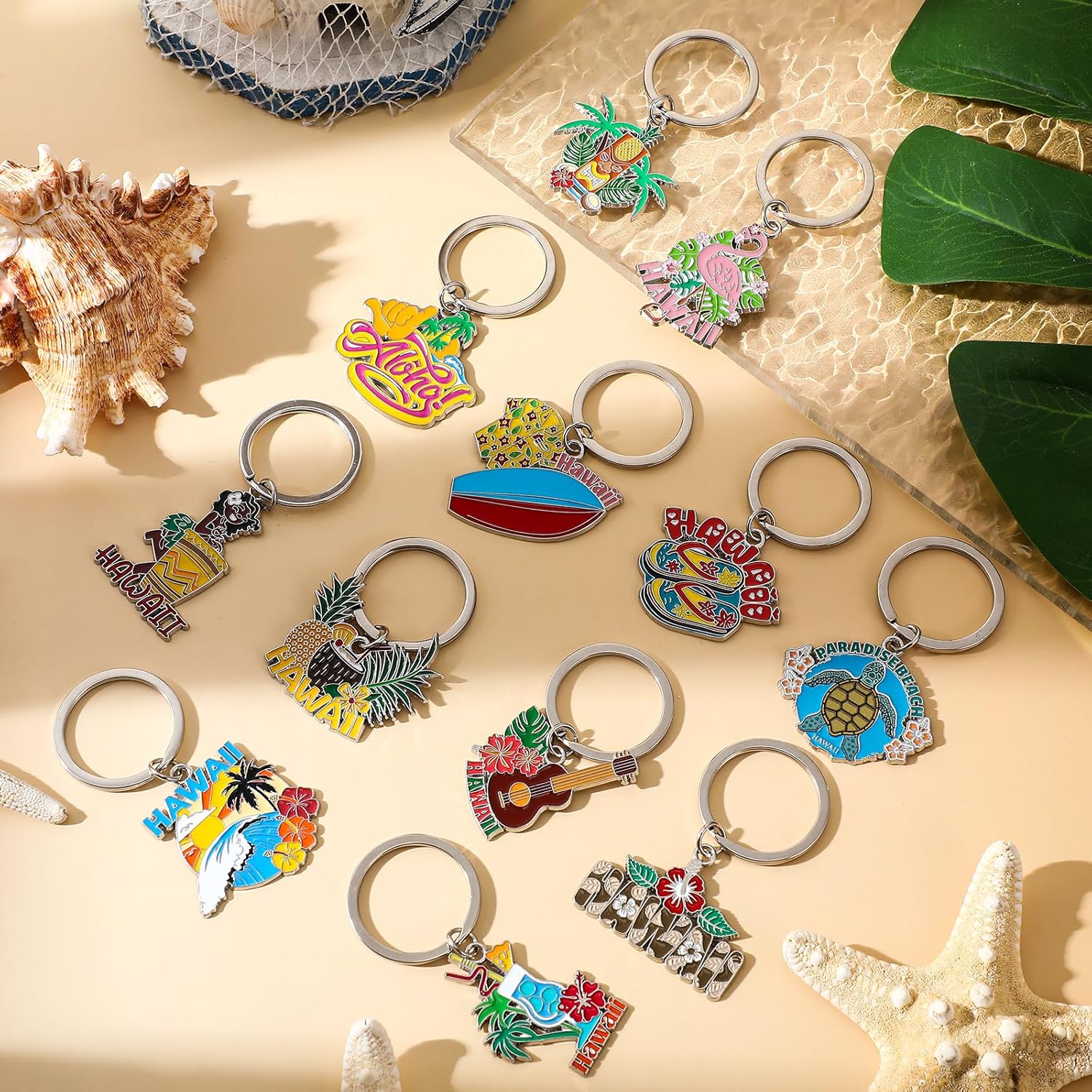 Landical 12 Pcs Hawaii Keychains Luau Party Souvenirs Keyrings Gifts Summer Beach Tropical Aloha Holiday Party Favors Pineapple Flamingo Surfboard Key Chain for Women Men - Image 4