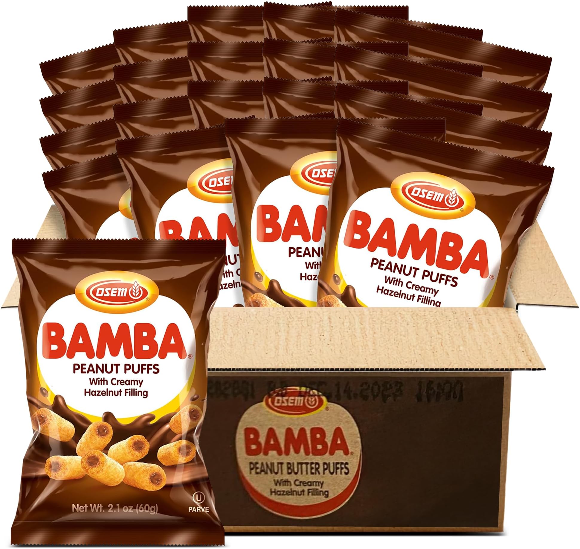 Bamba Peanut Butter Puffs with Creamy Hazelnut Filling - Kosher Crunchy PB Snack with Chocolate Center, Oven Baked Treat with a Crunch - 2.1 oz Bag (Pack of 20)