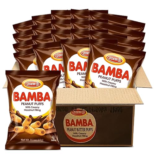 Bamba - Crema de avellana y mantequilla de maní, bocados de maíz PB de mantequilla de maní natural, bolsa de 2.1 onzas (paquete de 20)