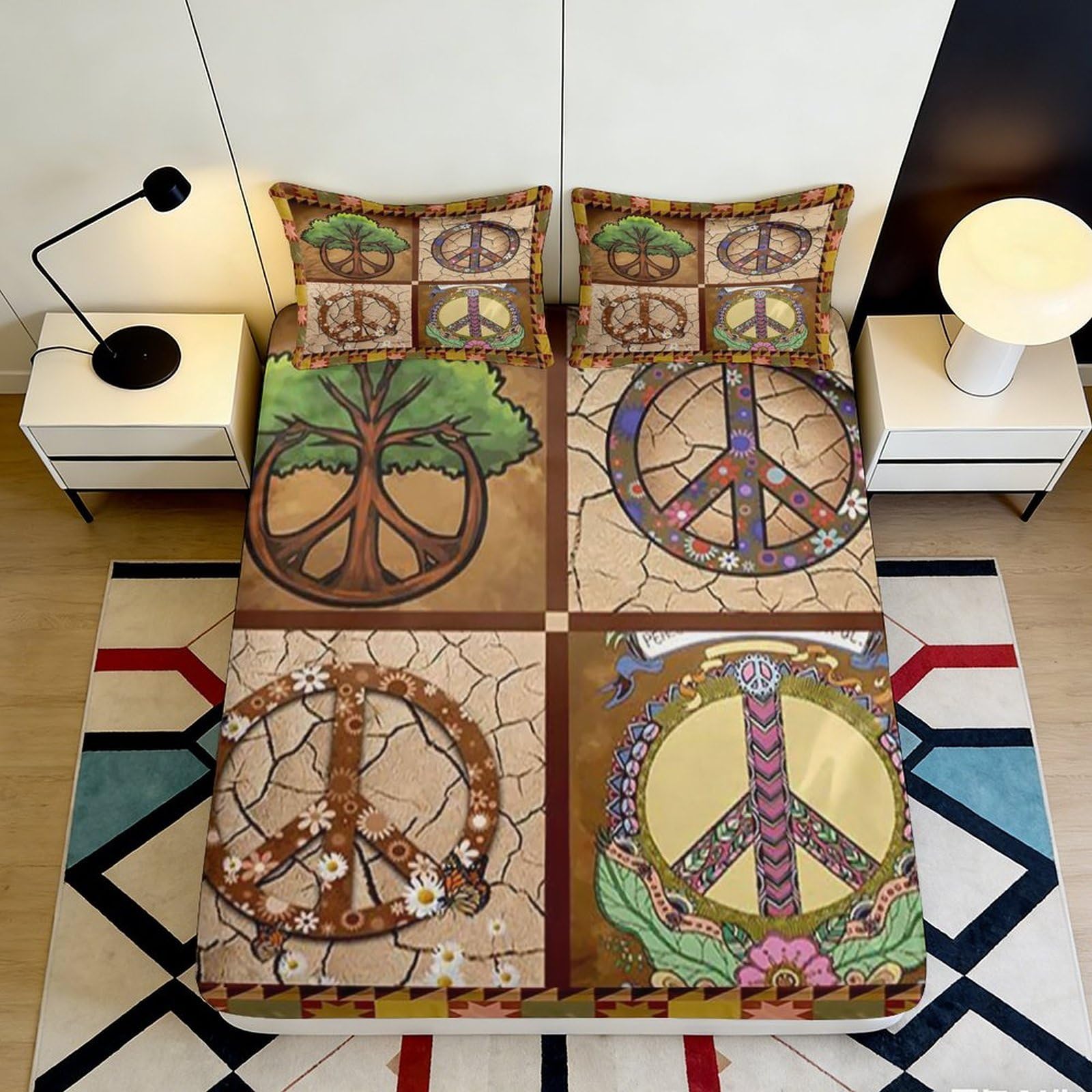 3D Printed Peace Tree Fitted Sheet Microfiber Brown Hippie Symbol Mattress Cover for Bedroom Guest Room Decor 90x200x25cm